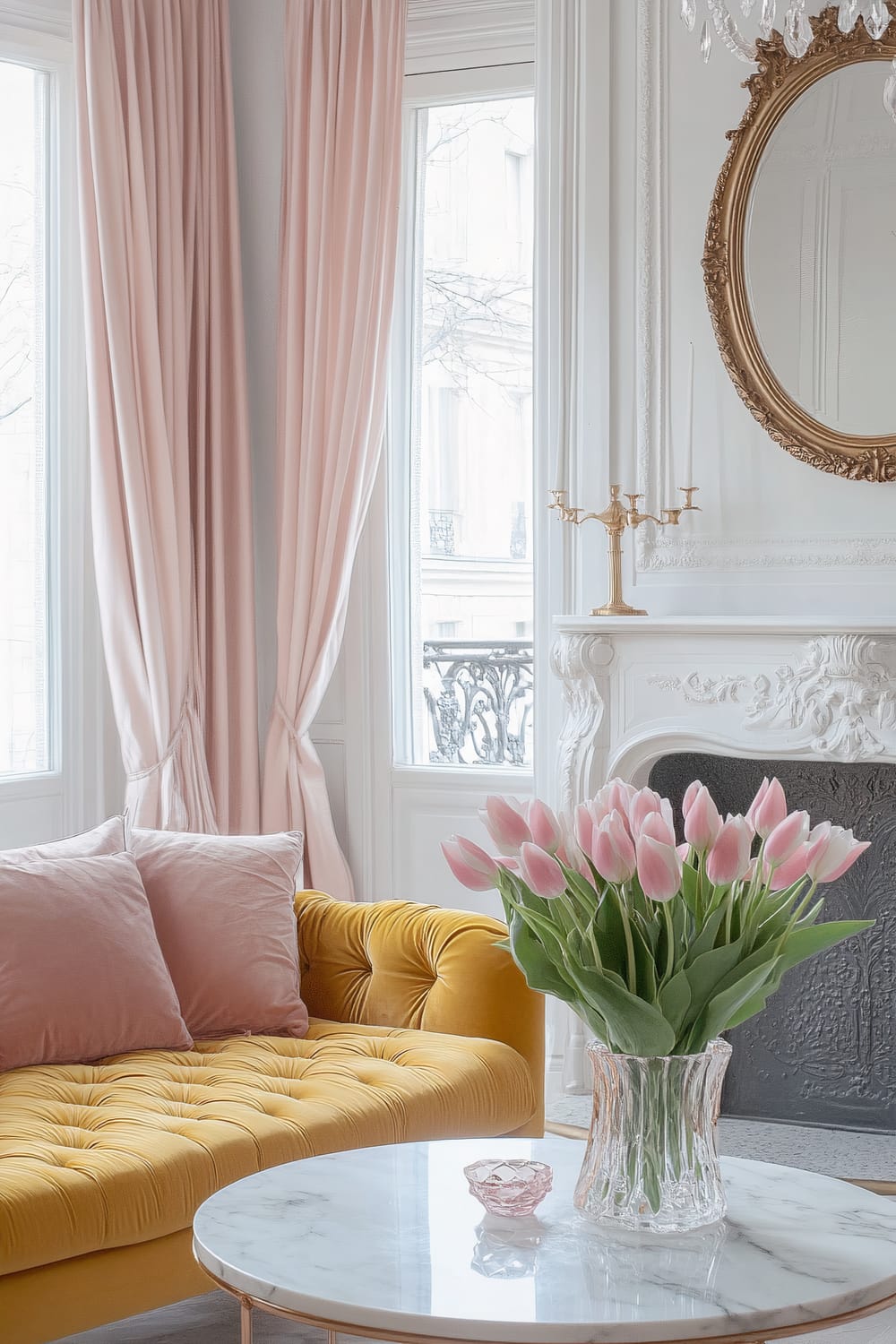 A stylish Parisian living room featuring a mustard yellow tufted velvet sofa with blush pink pillows. A round marble coffee table with rose gold accents holds a vase of pink tulips. A gold-framed mirror hangs above a white ornate fireplace, and soft blush pink curtains frame the tall windows.