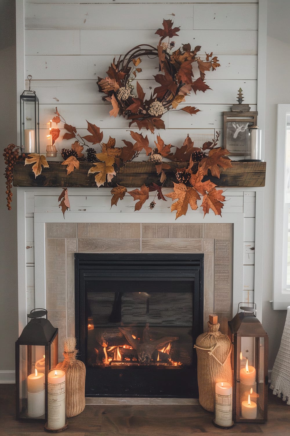 A fireplace adorned with autumn decorations features a wooden mantel topped with autumn leaf garlands, a grapevine wreath, and candles in black lanterns. Below, candles in large jars and rustic holders are placed on either side of the fireplace, which is lit with flames.