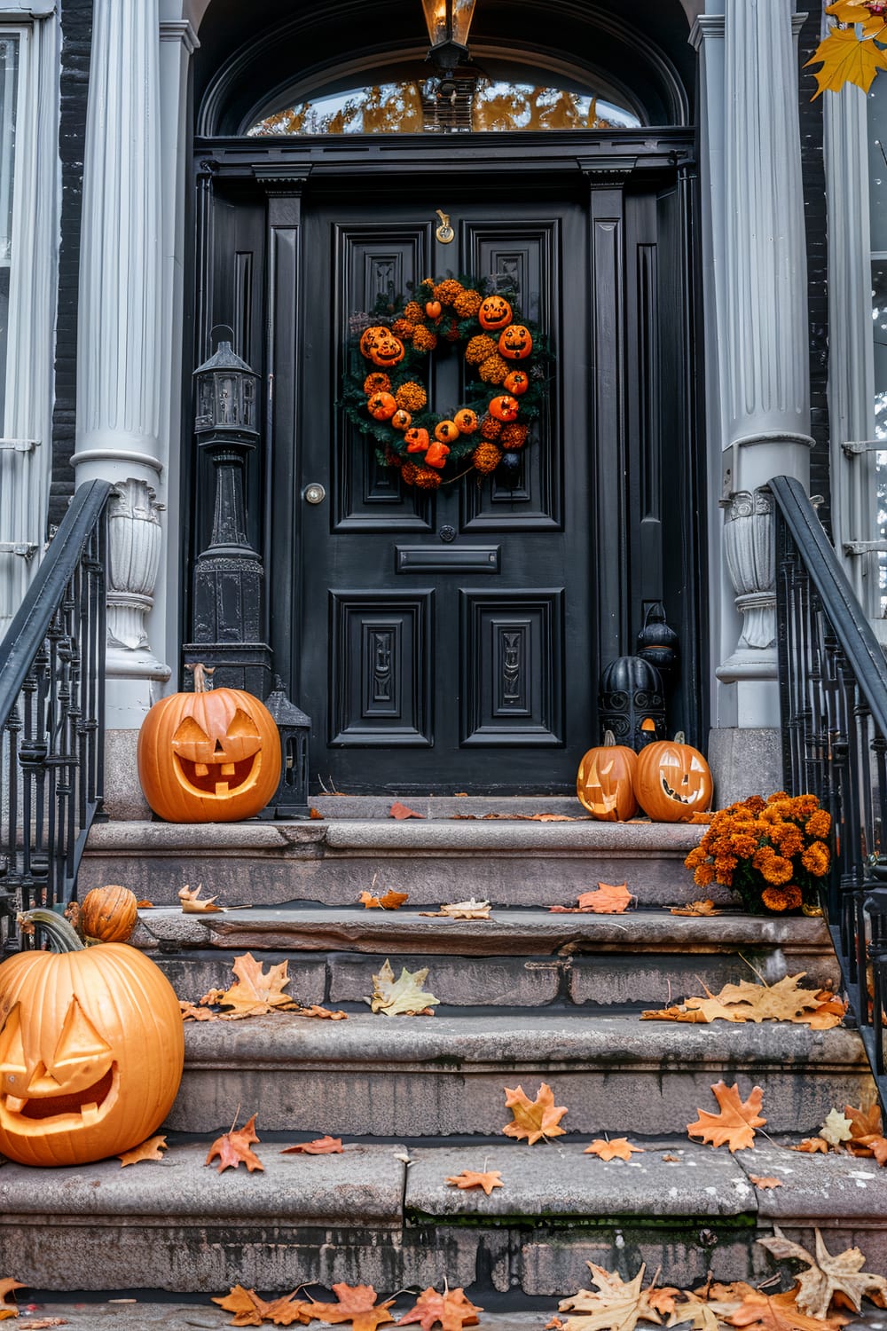 Engaging Halloween-themed front porch scene with jack-o'-lanterns and a wreath of pumpkins on a black door. The steps leading up to the door are adorned with colorful autumn leaves and pumpkins. There's a lantern fixture and a flower arrangement adding more charm.