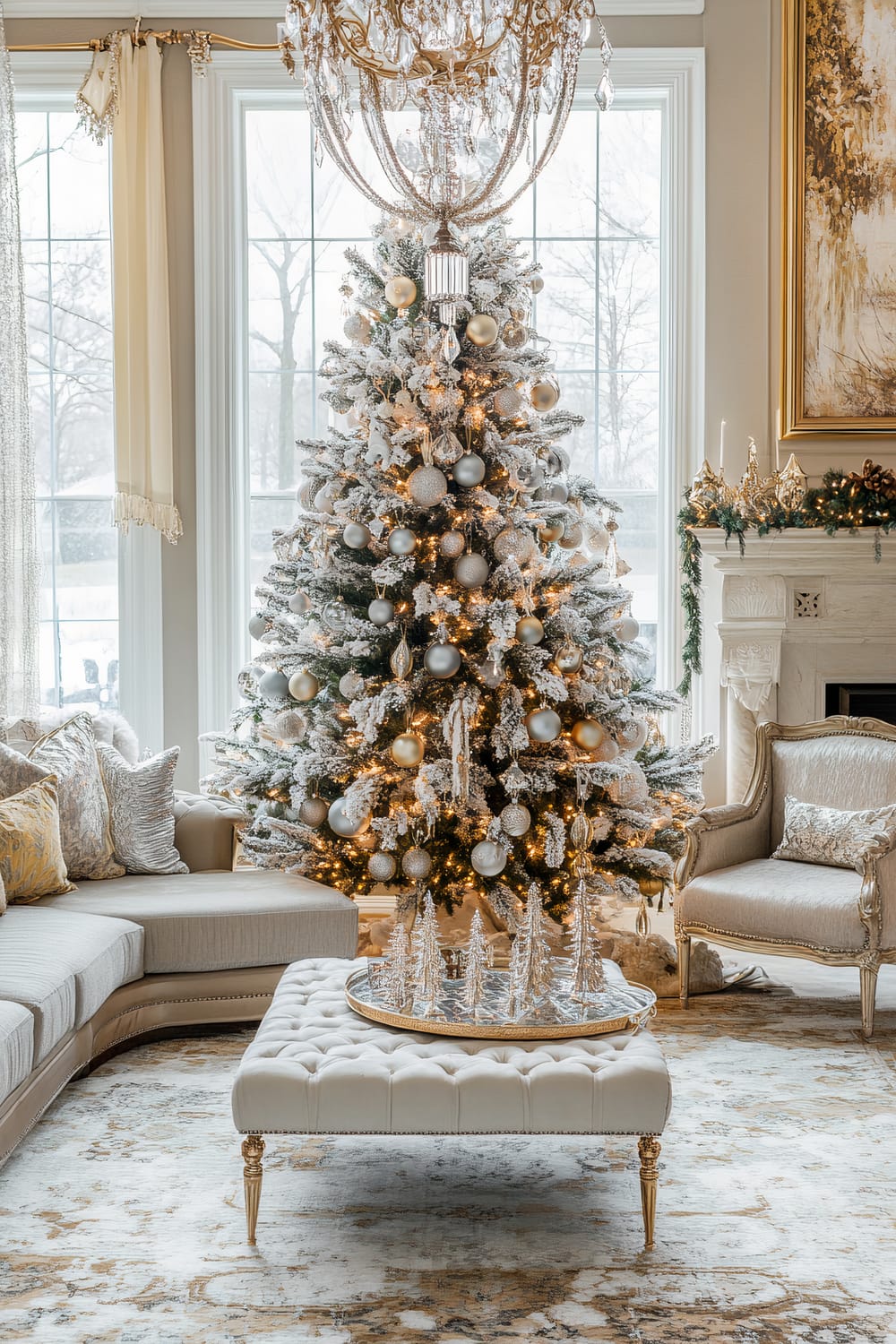 A lavishly decorated living room features an opulent Christmas tree adorned with frosted ornaments and twinkling lights, positioned centrally in front of tall windows that reveal a snowy landscape outside. The tree, set against the backdrop of sheer drapes and neutral-colored curtains, sits atop a plush, patterned rug. A tufted, cream-colored ottoman stands in the forefront, topped with a decorative tray and a set of sparkling, miniature Christmas trees. Surrounding the tree is an inviting seating arrangement including a curved sectional sofa with an abundance of metallic and textured throw pillows, and an elegant armchair decorated with intricate carvings. A grand chandelier with crystal elements hangs from the ceiling, capturing and reflecting light. The mantel of a white fireplace is festooned with greenery and golden decorative pieces, contributing to the luxurious holiday décor.