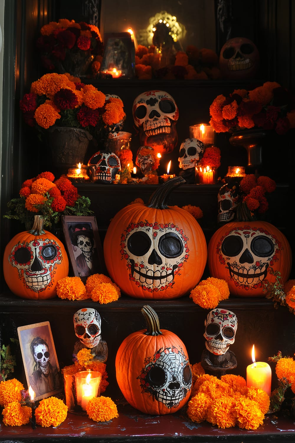 An altar decorated for Día de los Muertos featuring multiple pumpkins painted with skull faces, various skull decorations, marigold flowers, lit candles, and photographs of people with skull face paint. The pumpkins and skulls are intricately designed with colorful patterns, and the warm candlelight provides a glowing ambiance.