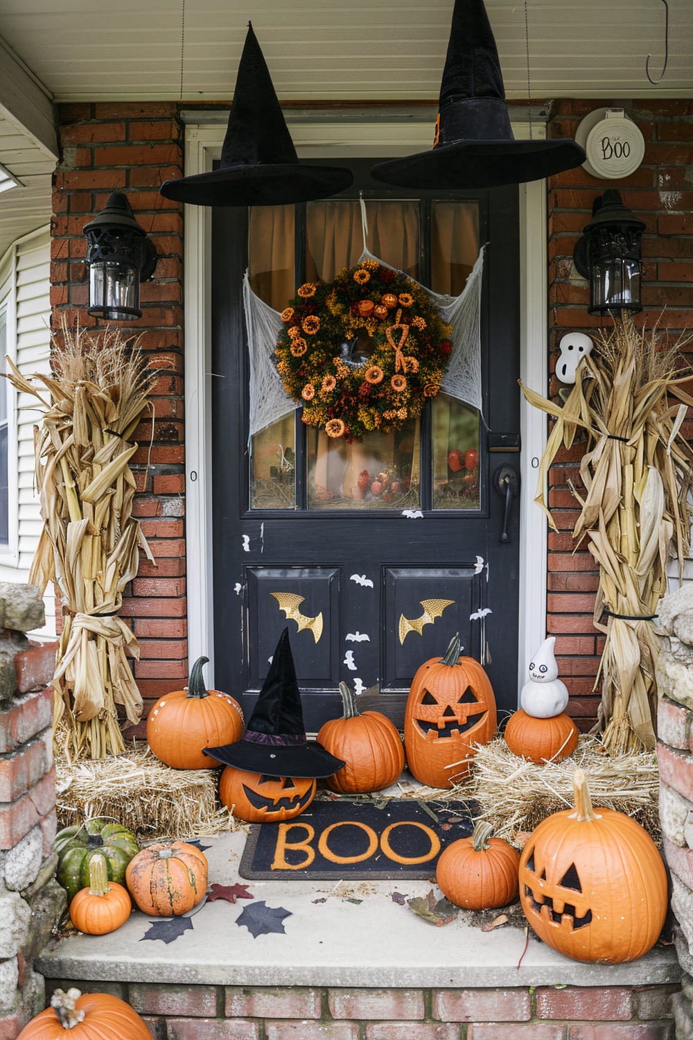 A front door decorated for Halloween with various festive elements. The black door displays yellow bat decals and is adorned with a wreath made of autumn flowers and a white web. Pumpkins of various sizes, some carved with jack-o'-lantern faces, are arranged on the steps along with two hanging witch hats and a sitting ghost figurine. Hay bales and corn stalks frame the entryway, adding to the autumnal theme.