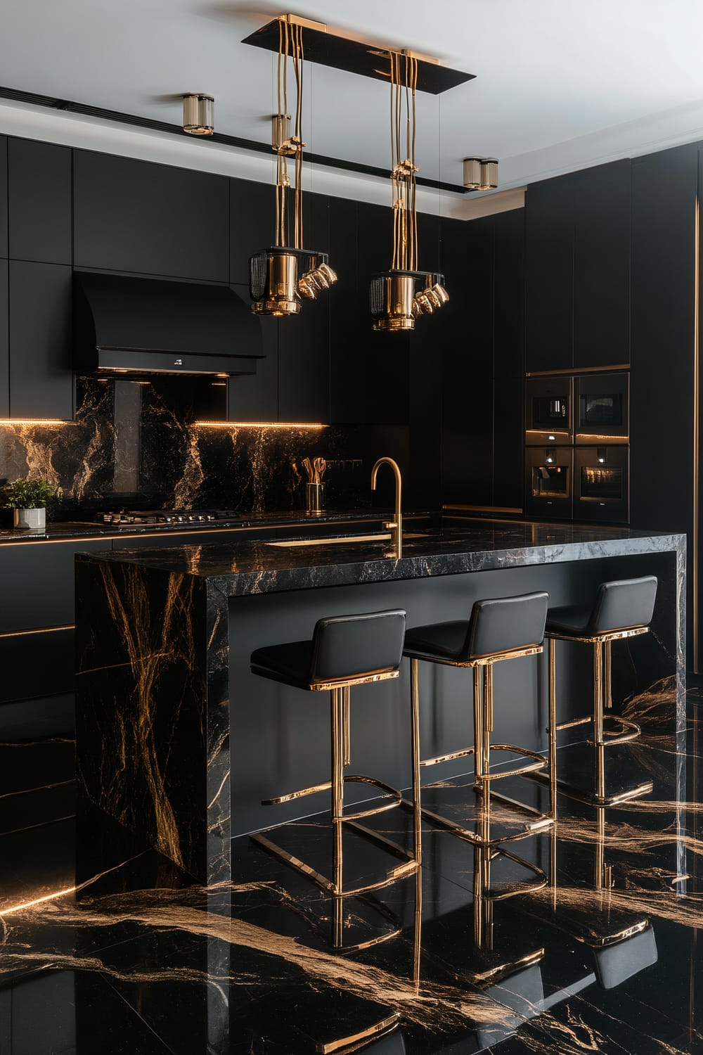 An ultra-modern kitchen featuring black cabinetry and dark marble surfaces with striking gold veins. A large kitchen island with a matching dark marble countertop and three black bar stools with gold accents dominate the center. Suspended from the ceiling, three chic gold light fixtures add a touch of sophistication. The entire space is meticulously designed with a seamless blend of black and gold, creating a luxurious ambiance.