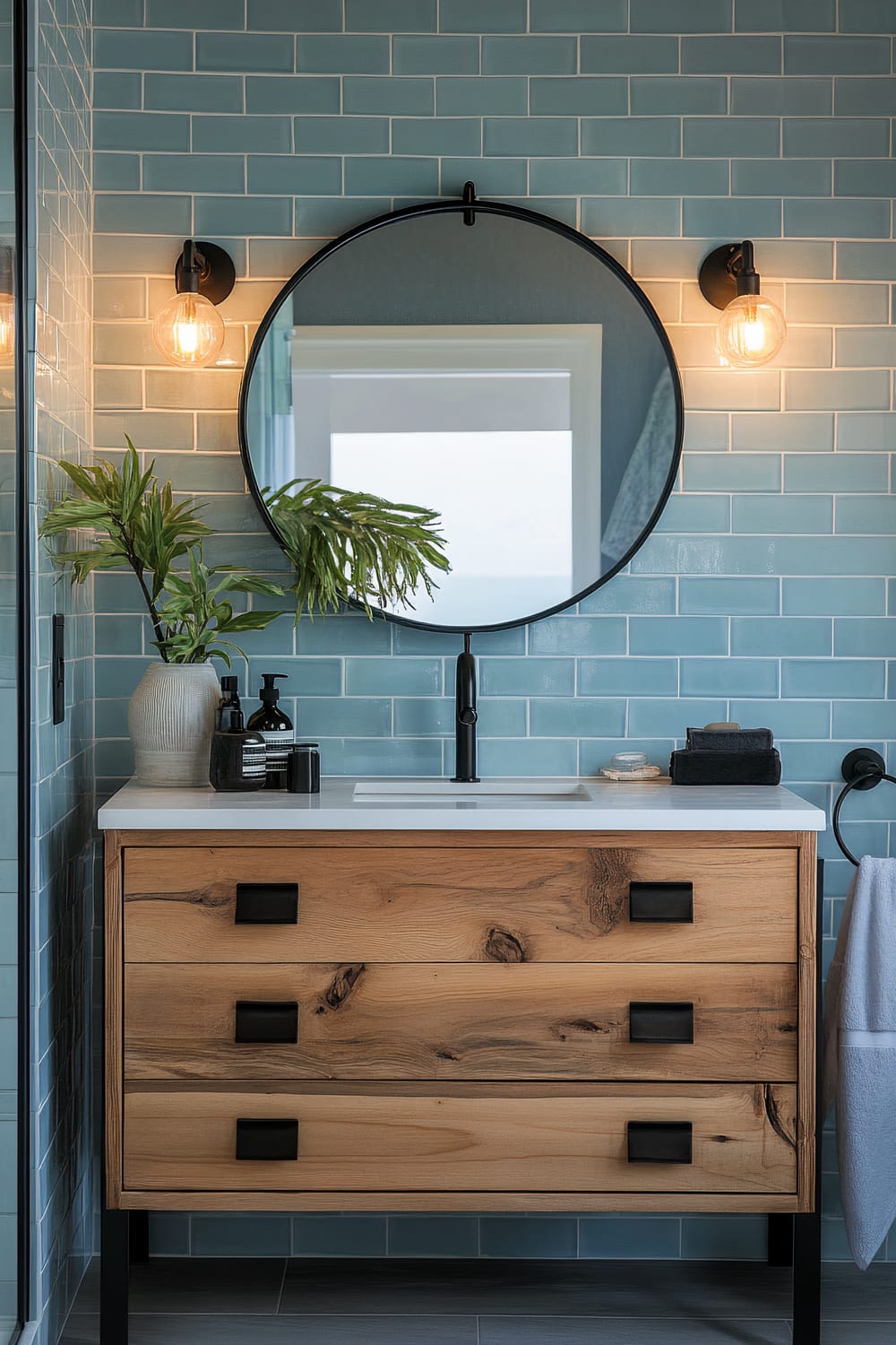 A contemporary bathroom features a rustic wooden vanity with three drawers, complemented by a sleek white countertop and matte black faucet. Above the vanity hangs a large round mirror with a thin black frame, flanked by two exposed bulb wall sconces. The background showcases blue subway tiles laid out in a brick pattern, adding a pop of color. A ceramic vase with green foliage and various toiletries adorn the countertop, and a towel hanger with a folded towel is visible to the right.