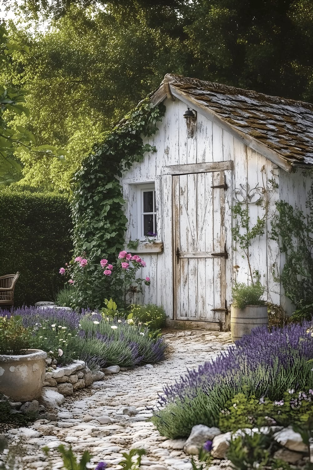 An ivy-covered shed painted in distressed white, placed in a beautifully designed French country garden. The garden is adorned with beds of lavender flowers, climbing roses and has a cobblestone pathway leading to the shed. The setting is tranquil, bathed in the soft, diffused light of the morning that adds warmth to the serene, pastoral environment.