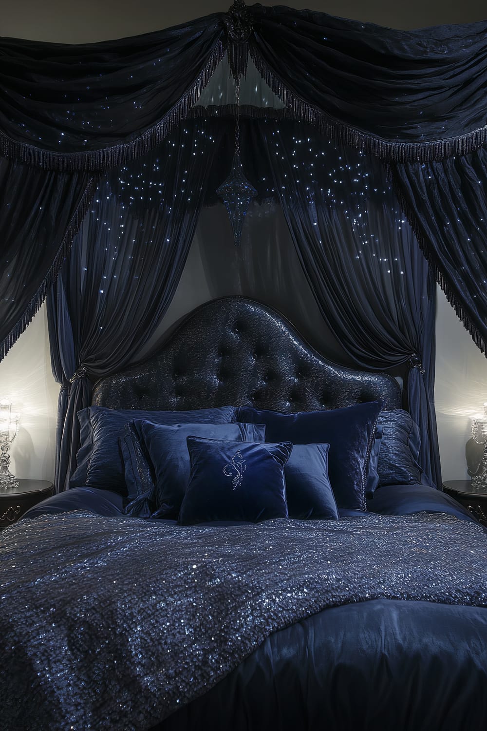 An elegant bedroom featuring a moonlit canopy bed with dark navy and silver hues. The bed has an ornately gothic headboard and is covered in deep blue and sparkling silver bedding. Dramatic lighting casts soft shadows, enhancing the serene ambiance.