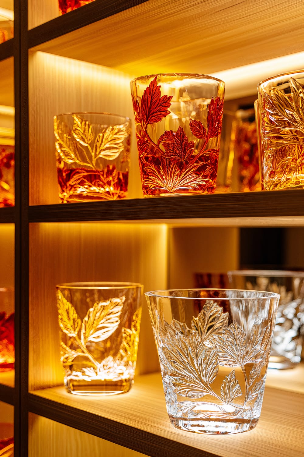 Close-up image of intricately carved glassware displayed on illuminated wooden shelves. The glasses feature detailed leaf patterns and vary in color from amber to clear. Warm lighting enhances the textures and designs of the glassware.