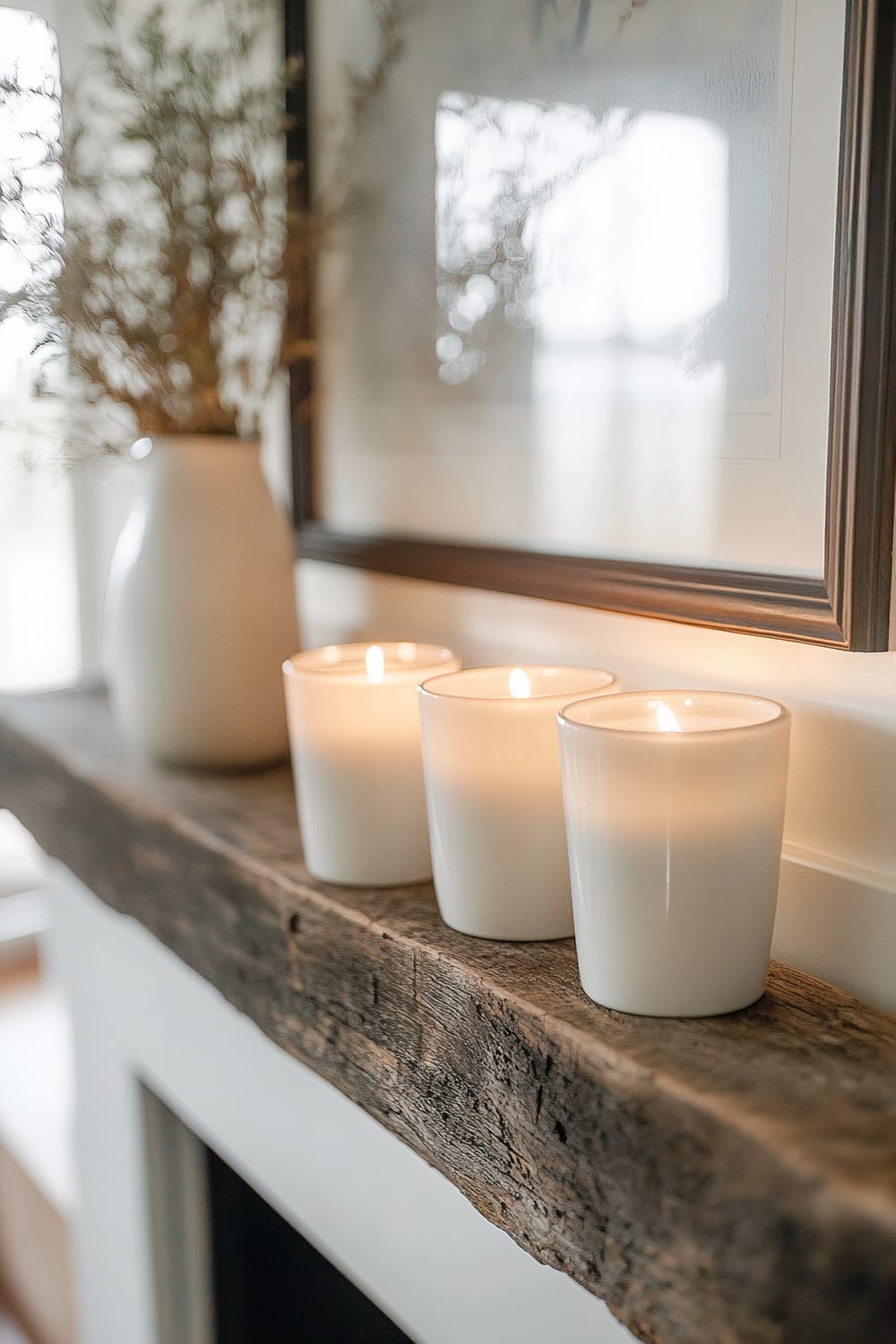 A trio of white ceramic candles is placed on a rustic, reclaimed wood mantel. Behind the candles, there is a white vase with dried foliage, and a framed picture is mounted on the wall, partially visible. The scene is softly illuminated by candlelight, giving it a warm and inviting atmosphere.