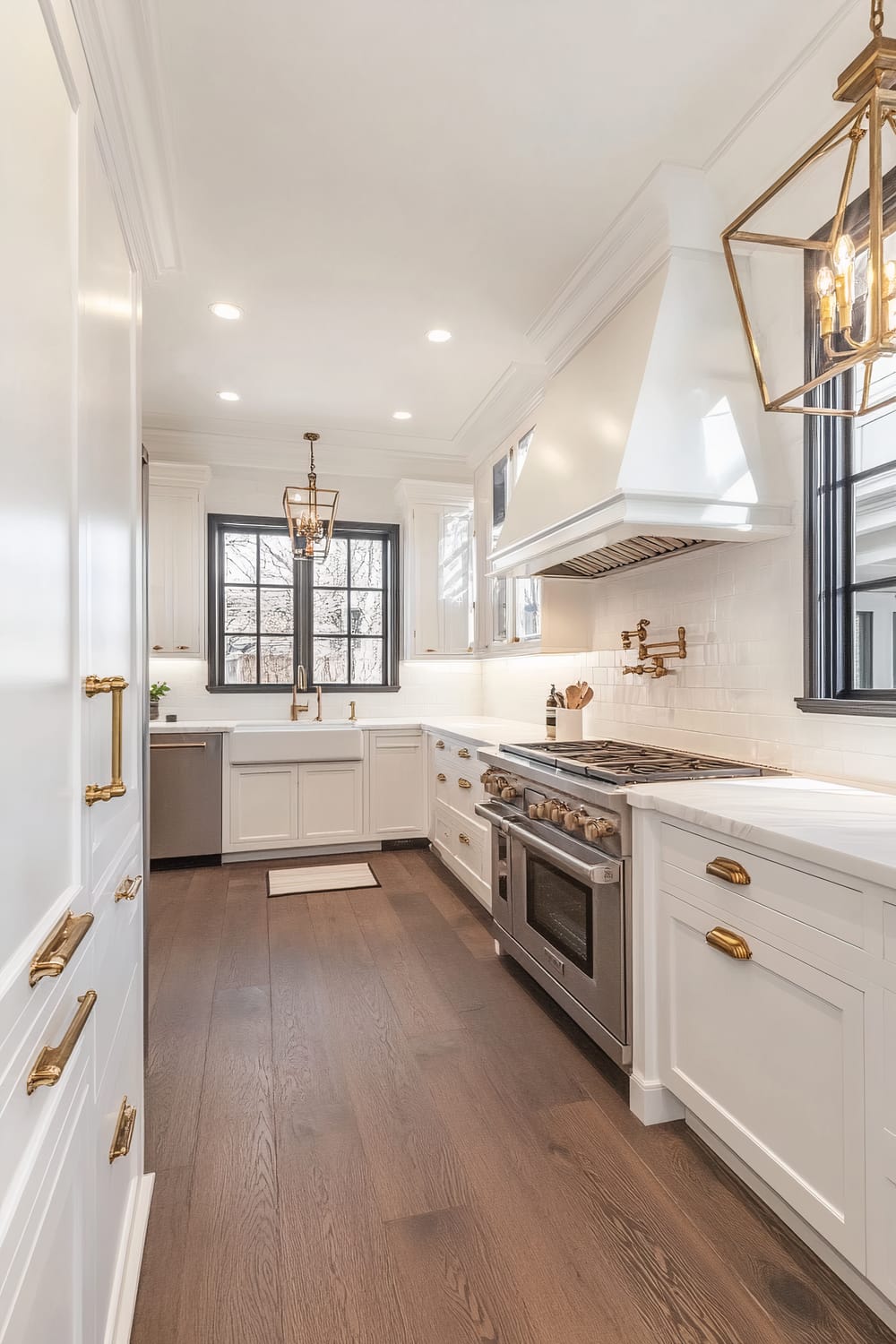 This image features a modern kitchen with white cabinetry and brass hardware. The kitchen includes high-end stainless steel appliances, such as a large oven and stove range with a prominent white range hood. The countertops are white marble, and there are two lantern-style pendant lights hanging from the ceiling. The flooring is rich, dark wood, and the window frames are shaded with black trim. The double sink is paired with brass fixtures and sits under a large window, allowing natural light to illuminate the space.