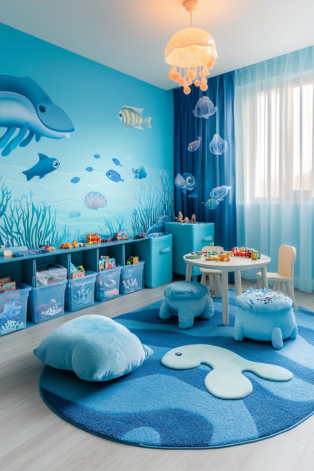 An underwater-themed playroom with gradient blue walls depicting various fish and marine life. Low blue shelves hold toys, and storage bins shaped like sea creatures are neatly organized. A round rug with coral patterns and fish designs sits in the center of the room. A small table with seashell-shaped chairs is arranged for crafts. Glow-in-the-dark jellyfish decals hang from the ceiling, enhancing the oceanic ambiance.