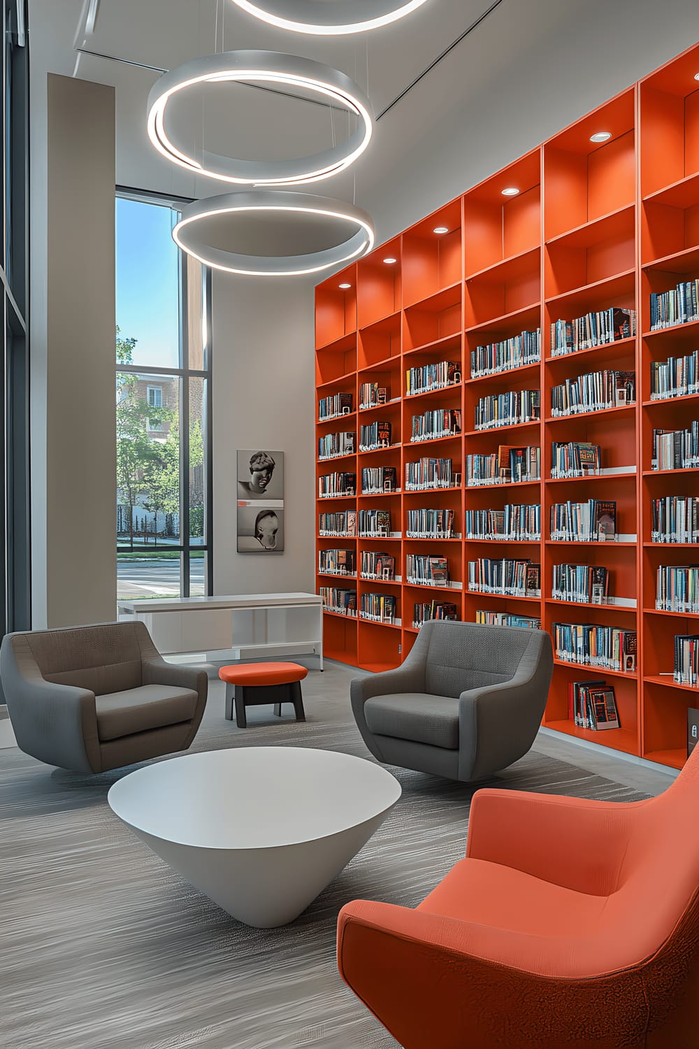 A home library with vibrant orange bookshelves against a white wall, a sleek white reading table in the center. Comfortable gray seating options are available, including a relaxing armchair and a minimalist chair. Overhead, dramatic lighting enhances the clean and orderly atmosphere of the room.