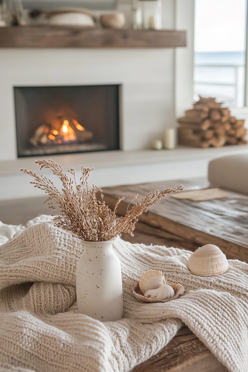 A refined interior setting features a minimalist fireplace with a soft, orange flame, set within a clean-lined white wall. On the mantle, there are subtle decor items, including candles and a wooden log. For a rustic touch, stacked firewood is neatly arranged to the right. In the foreground, a textured, knitted blanket complements the scene with a speckled white ceramic vase holding dried foliage, and a small wooden bowl filled with seashells, all set on a wooden table.