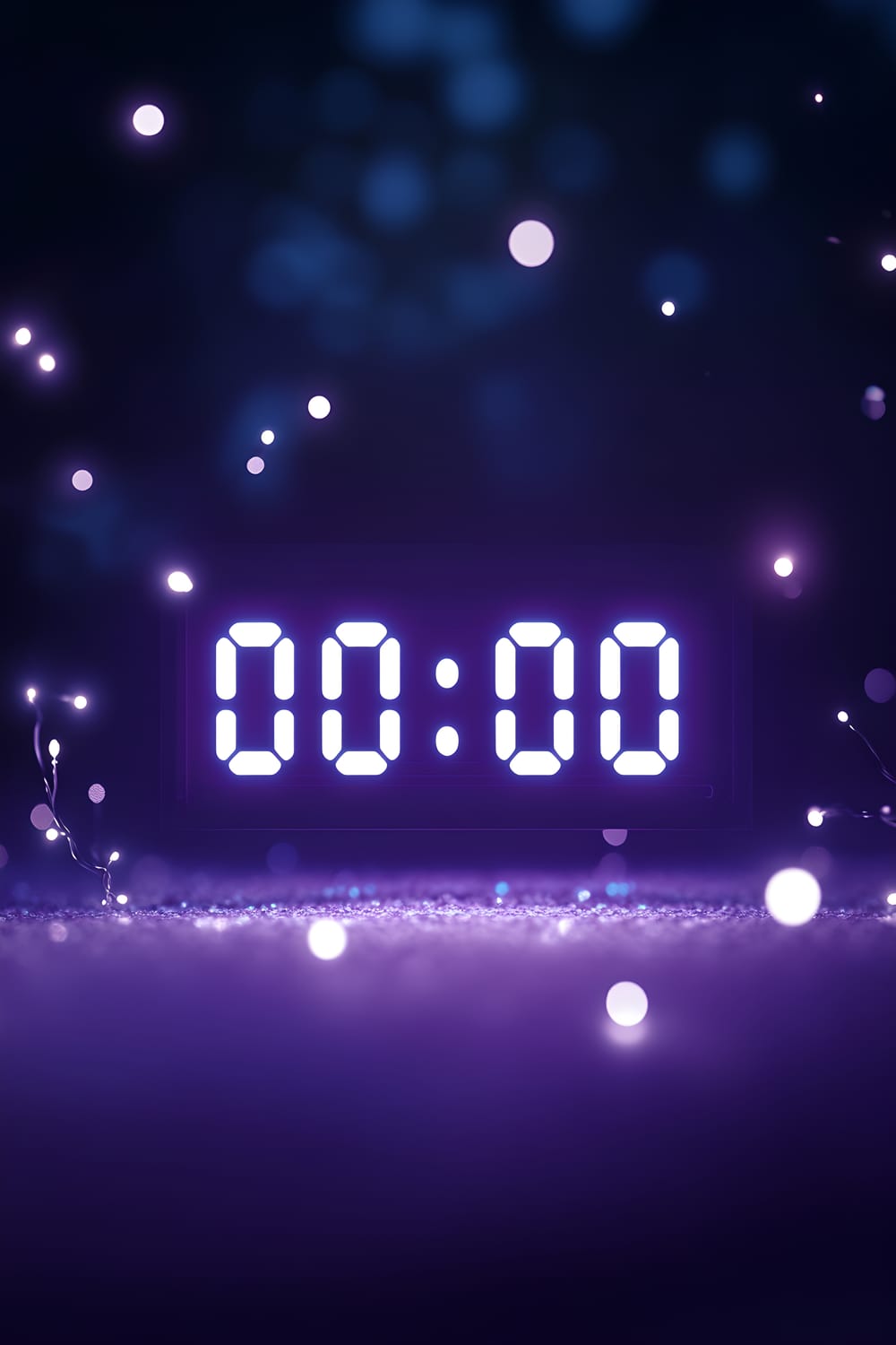 A digital countdown clock at "00:00:00" with bold silver numbers on a dark purple gradient background, surrounded by four twinkling white fairy lights.