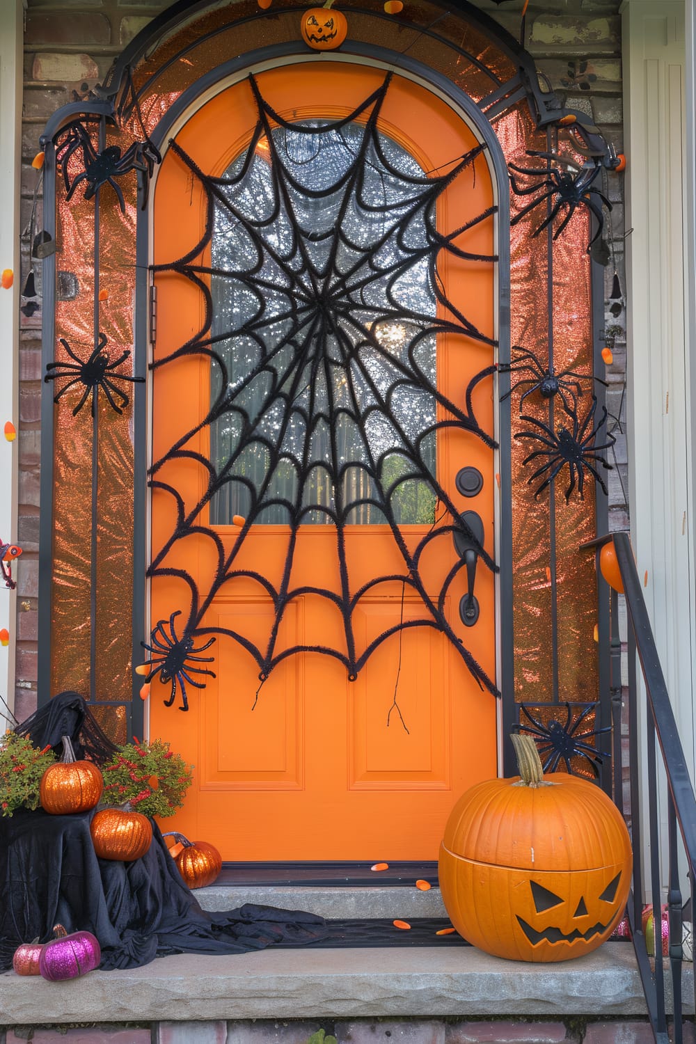 Front door decorated for Halloween with a vibrant orange hue. A large spider web covers the door, flanked by black spiders. The step has various pumpkins, some painted in metallic colors and one large carved pumpkin with a classic Jack-o'-lantern face.