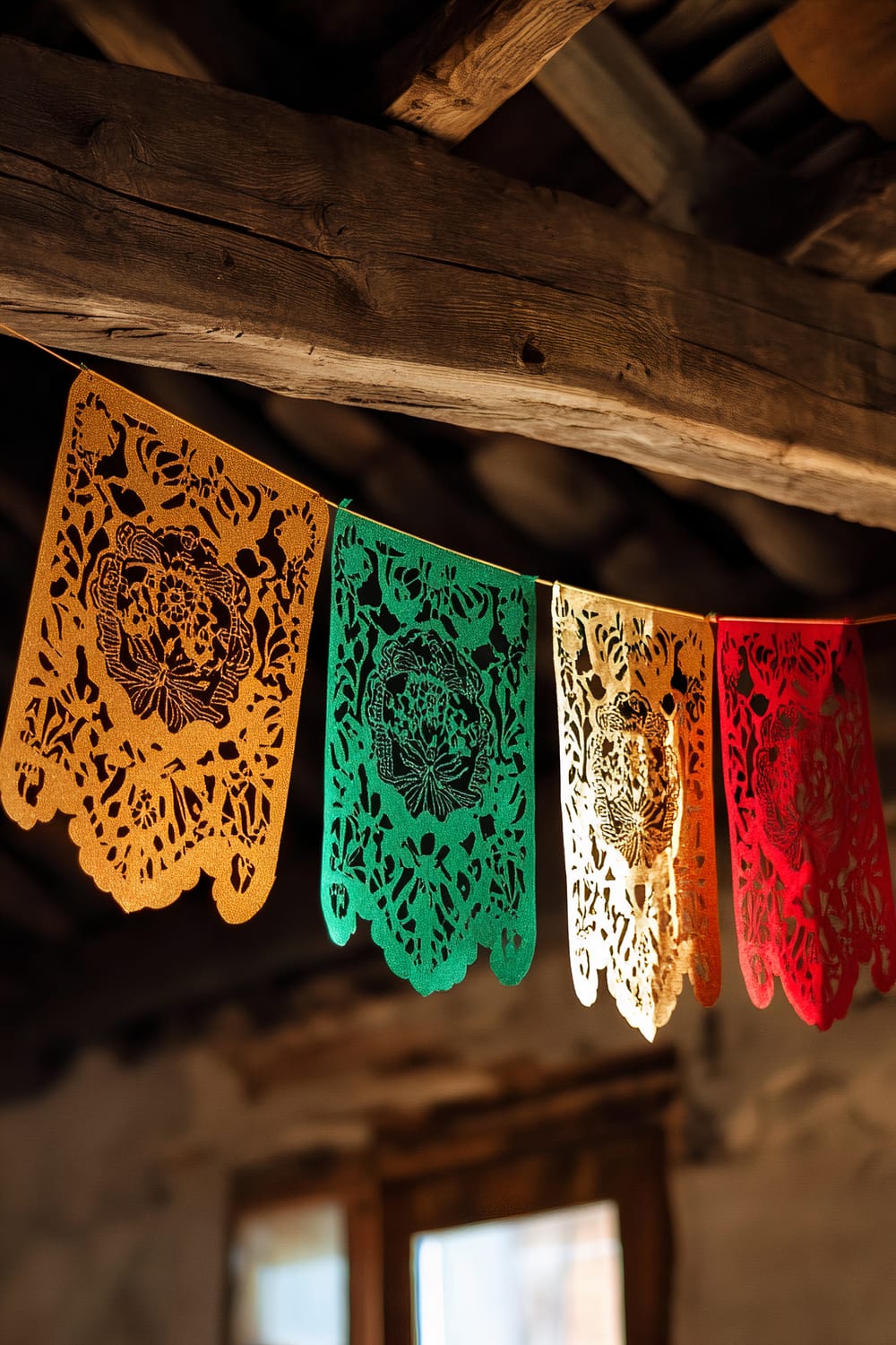 Five intricately cut papel picado banners in red, green, and gold hues are strung across a rustic wooden beam. The natural daylight highlights their delicate details. The setting appears to be inside a rustic space with wooden beams and a window visible in the background.