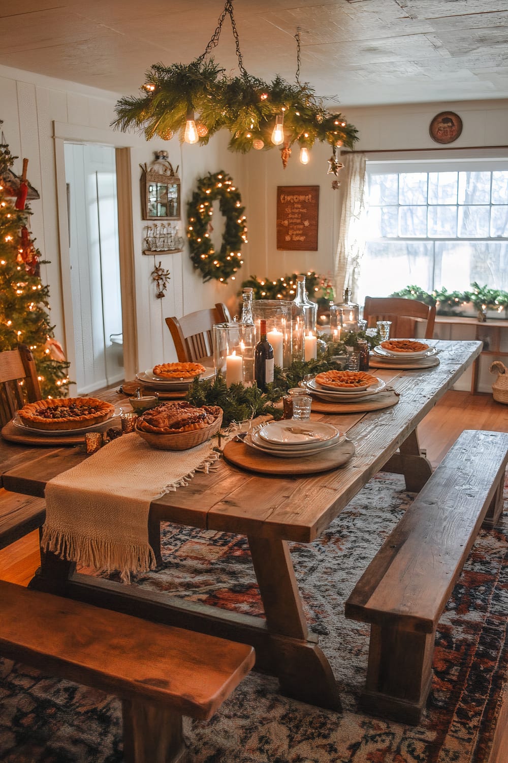 Rustic dining room decorated for Christmas with a wooden table set for a meal. The table has a centerpiece featuring candles and greenery, surrounded by plates with pies. Above the table hangs a chandelier adorned with pine branches and Edison bulbs. The room includes various festive decorations such as wreaths, garlands, and a Christmas tree with lights. Wooden chairs and benches provide seating, and light filters through a window with sheer curtains in the background.