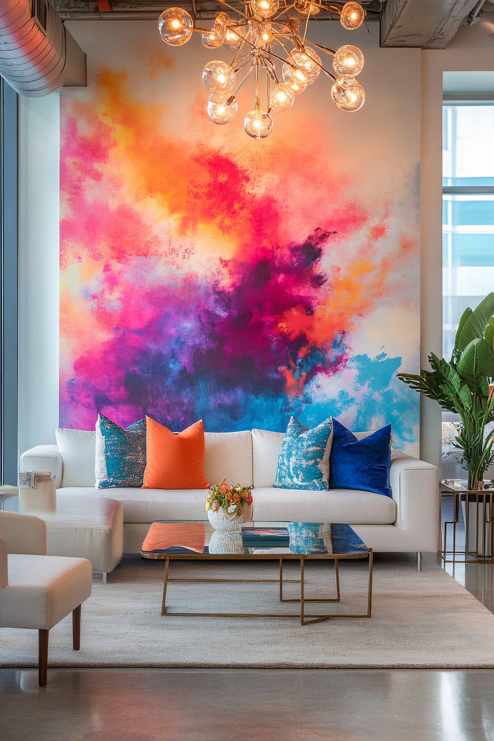 A modern living room with a large, colorful abstract mural as the focal point. The mural features vivid colors such as electric blue, fiery orange, and deep magenta. In front of the mural, there is a minimalist cream-colored sofa adorned with bright accent pillows in blue and orange. A glass coffee table sits on a neutral rug, and above it, a contemporary chandelier with sculptural glass elements hangs from the ceiling. A couple of indoor plants add a touch of greenery to the space.