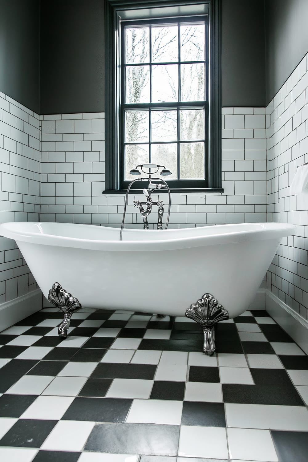 A stylish bathroom featuring a white clawfoot bathtub with ornate metal feet, set against a wall with white subway tiles and a black frame window. The floor is covered with a black and white checkerboard tile pattern, while the upper walls and ceiling are a dark, contrasting shade of gray.