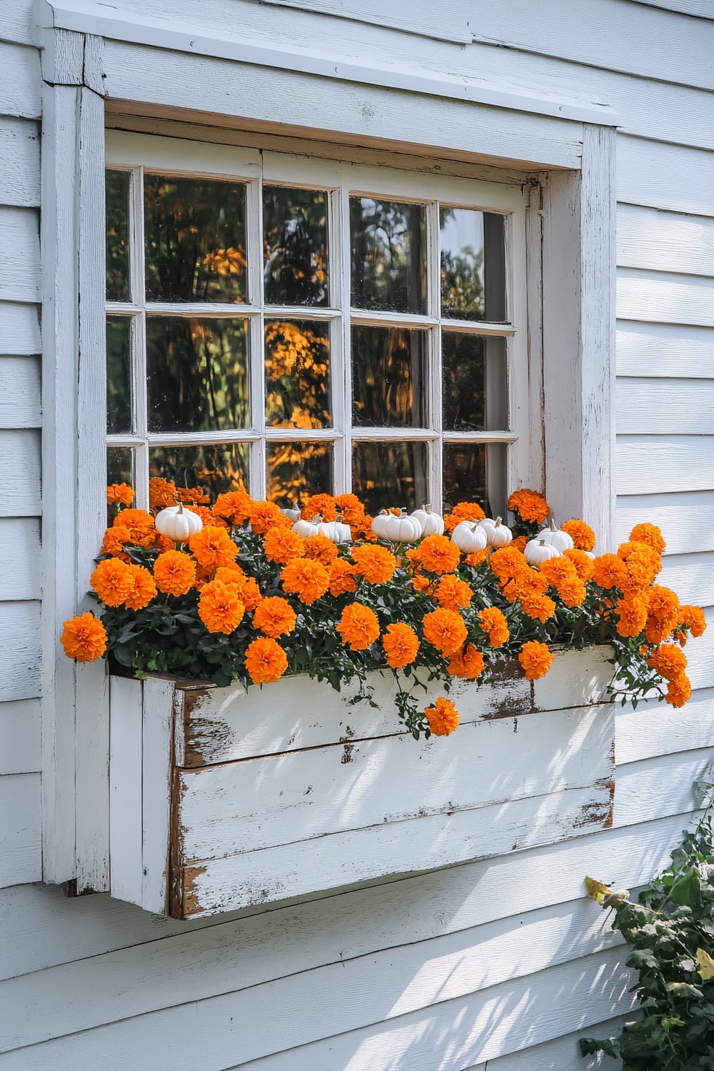 A rustic, white-painted window box is mounted beneath a window with multiple small panes on a white clapboard house. The window box is filled with vibrant orange marigolds and adorned with small white pumpkins, creating a striking autumnal display. The reflection of trees with golden leaves is visible in the window panes.