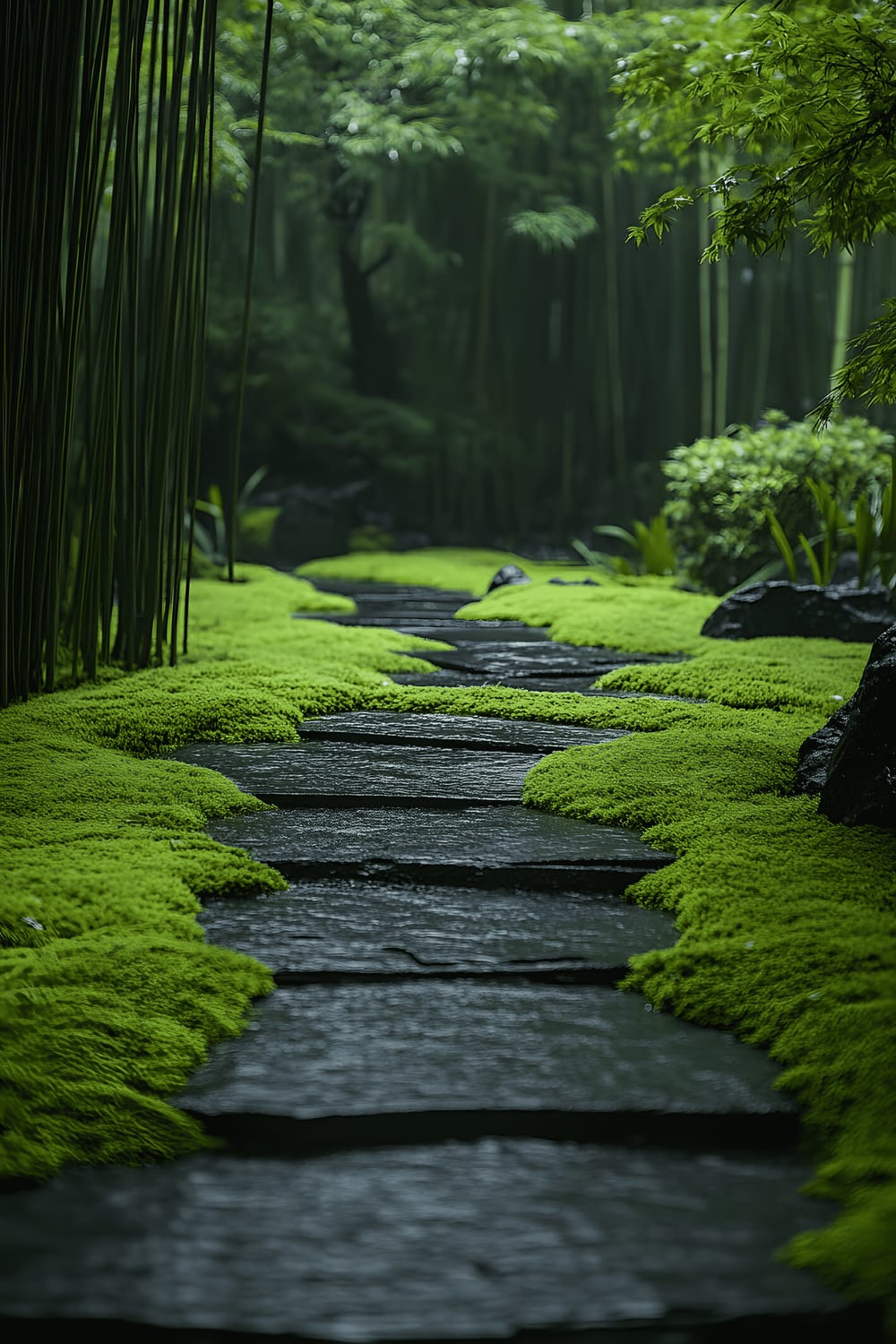 A serene modern Zen garden presenting dense, meticulously layered green vegetation. The garden is designed with different varieties of plants: moss covers the ground, clusters of bamboo rise mid-height, and tall, ornamental grasses add texture. Stone pathways wind through the greenery and a sleek water feature adds tranquility to the scene. The image is bathed in the soft light of morning, highlighting the depth and detail of the garden's botanical architecture.