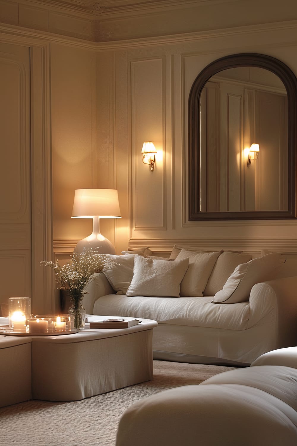 A sophisticated living room with neutral tones featuring a white sofa with taupe and white cushions, a coffee table adorned with candles, and a small vase with flowers. A large mirror on the wall reflects the room, enhancing the perception of space. Elegant wall sconces and a table lamp provide warm ambient lighting.