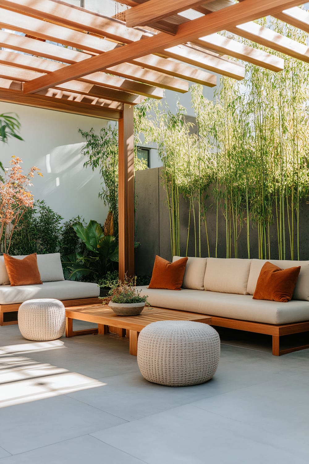 A modern outdoor patio area featuring wooden sofas with beige cushions and rust-colored throw pillows. Wicker poufs and a wooden coffee table with a potted plant adorn the space. Tall bamboo plants and other greenery add a serene ambiance, while a wooden pergola provides partial shade.