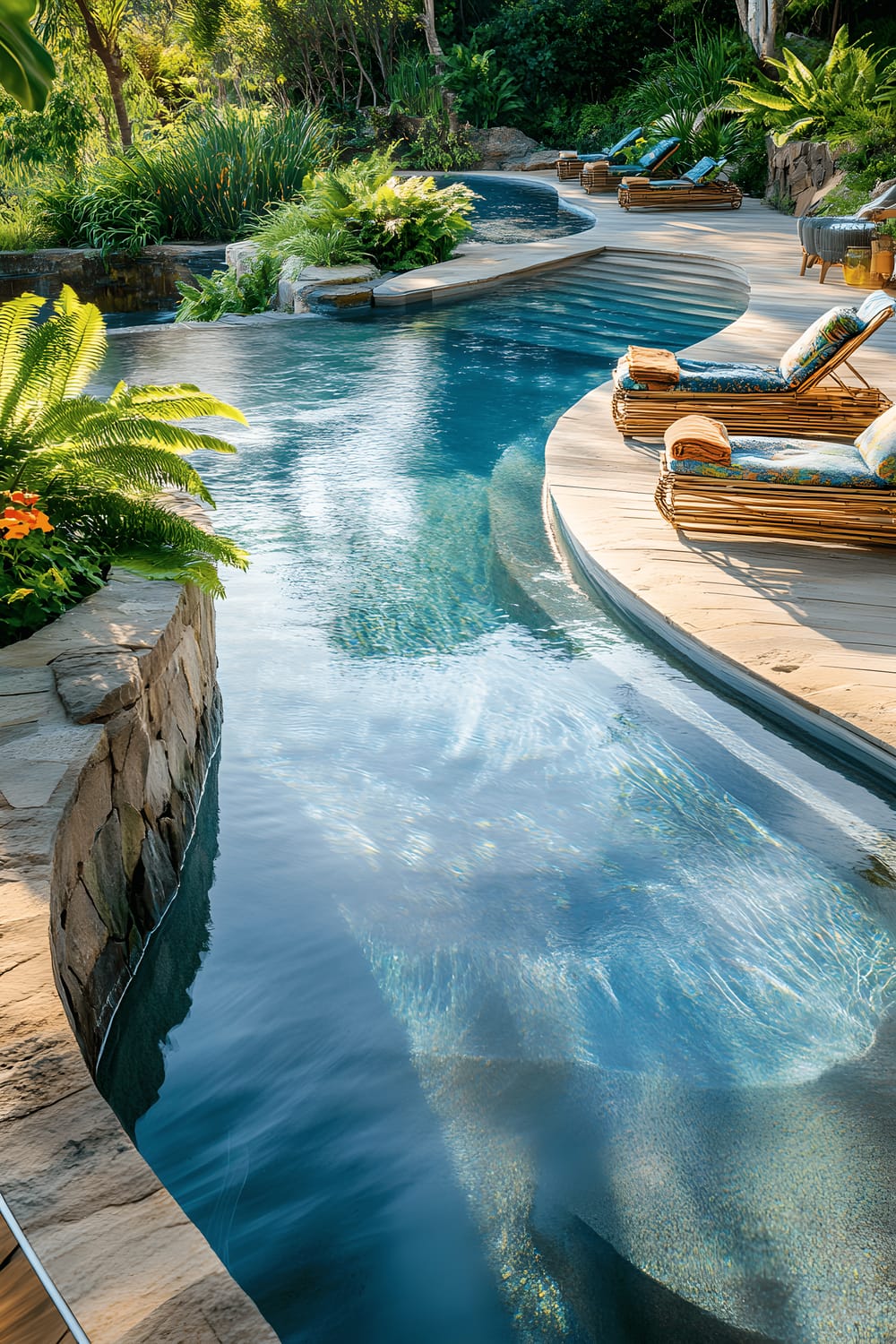 A sustainable modern swimming pool features a stone-clad edge and clear, vibrant blue water. The pool is surrounded by wooden decking that carries bamboo loungers cushioned with vibrant recycled materials. Lush greenery, comprising ferns and flowering plants envelop the area, complementing the earthy color scheme illuminated under soft, natural light. The intriguing perspective from an elevated angle underscores the seamless blend between the aquatic and natural elements.