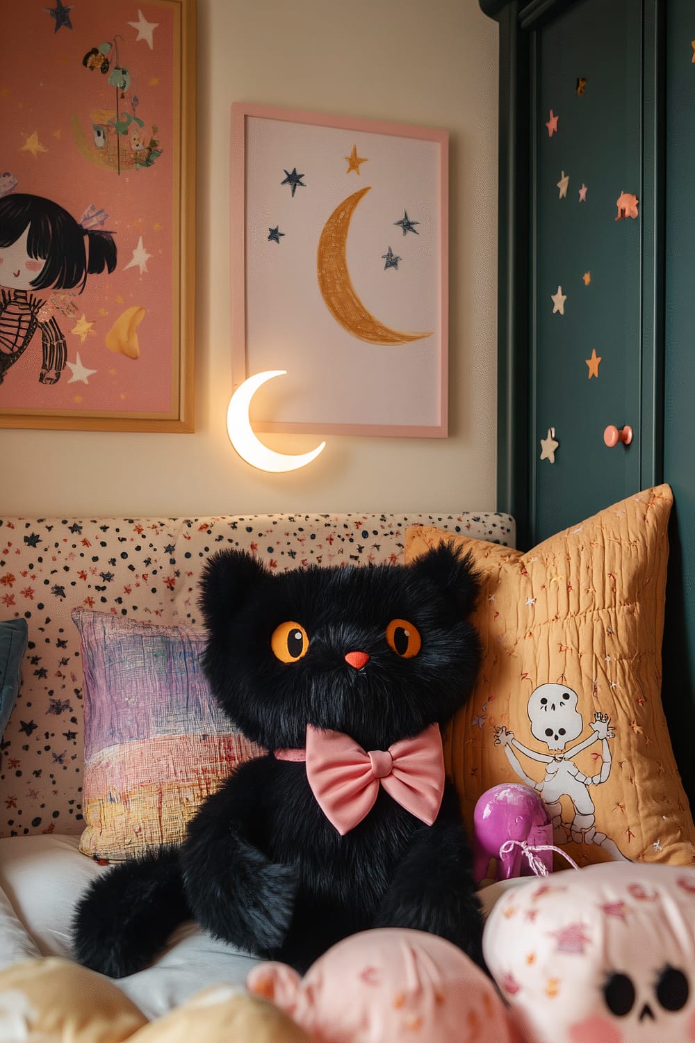 A cozy children's room featuring a plush black cat with large orange eyes and a pink bow. The bed is adorned with various colorful pillows including one with a skeleton design. Above the bed, a crescent moon light fixture illuminates the room. Two framed artworks, one depicting a crescent moon and stars and the other showing a girl with short hair, adorn the wall. Dark green cabinetry decorated with star and animal stickers flanks the scene.