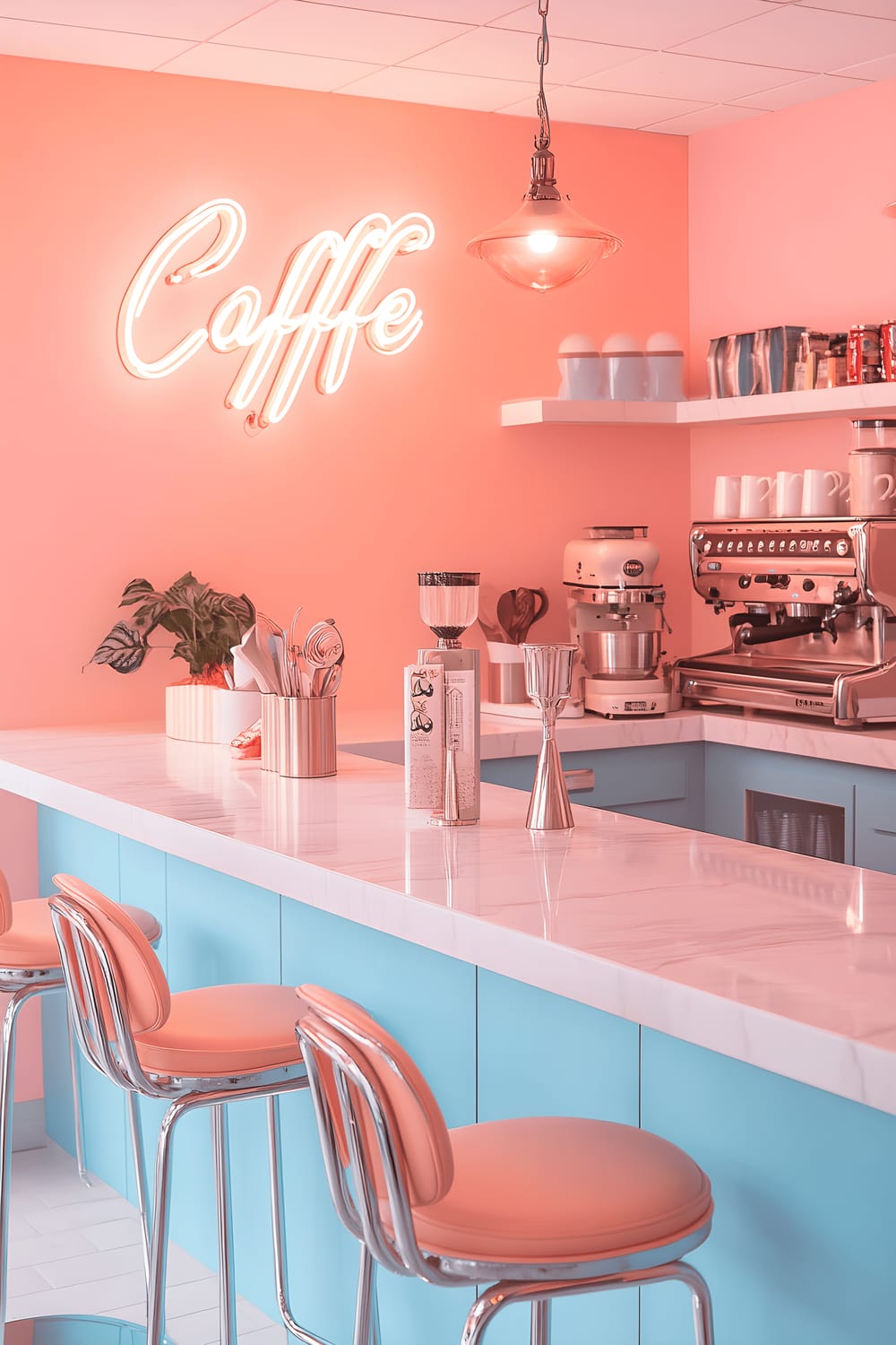 A playful kitchen featuring light pink walls, robin's egg blue colored cabinets, a white marble countertop, retro-inspired chrome bar stools, and a modern, neon sign that spells "coffee".