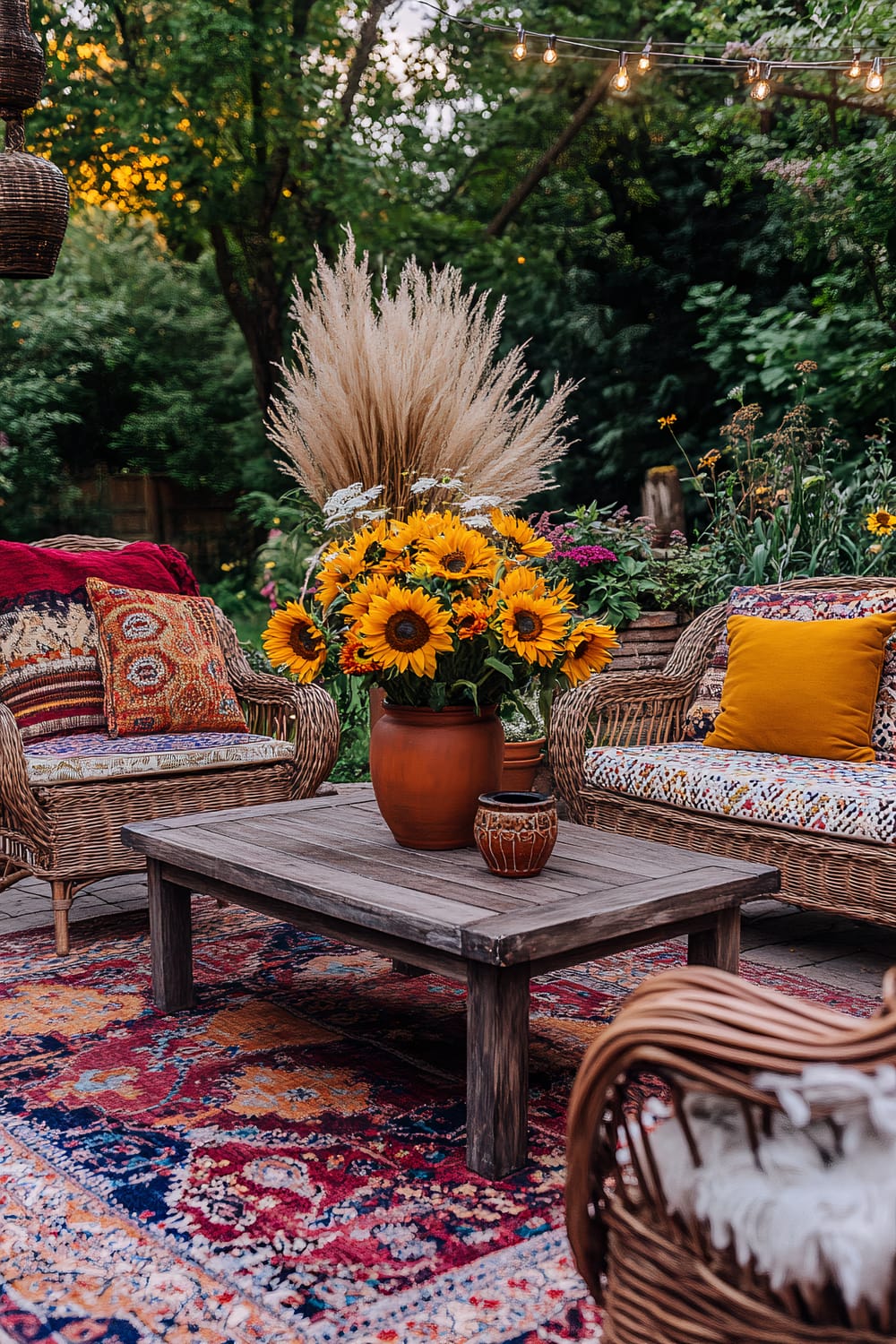 An outdoor seating area featuring wicker furniture with colorful cushions and throws. A wooden coffee table sits in the center, adorned with large terracotta pots containing sunflowers and dried ornamental grasses. The space is framed by a lush, green garden backdrop and overhead string lights.