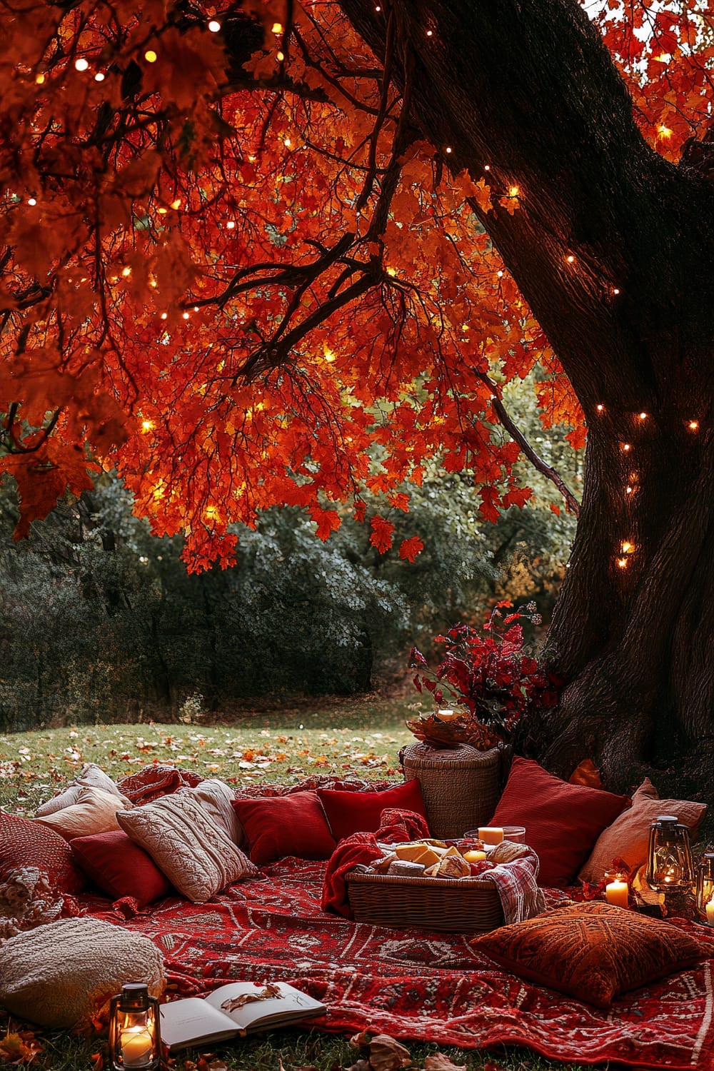 A cozy outdoor autumn picnic under a large tree with vibrant orange and red leaves. The scene includes a red patterned blanket spread on the ground, topped with assorted plush pillows in shades of red, brown, and beige. There are lit candles and lanterns around the blanket, adding a warm glow to the setting. A woven basket filled with snacks is placed on the blanket, along with an open book and a bouquet of autumn leaves in a woven vase against the tree trunk.