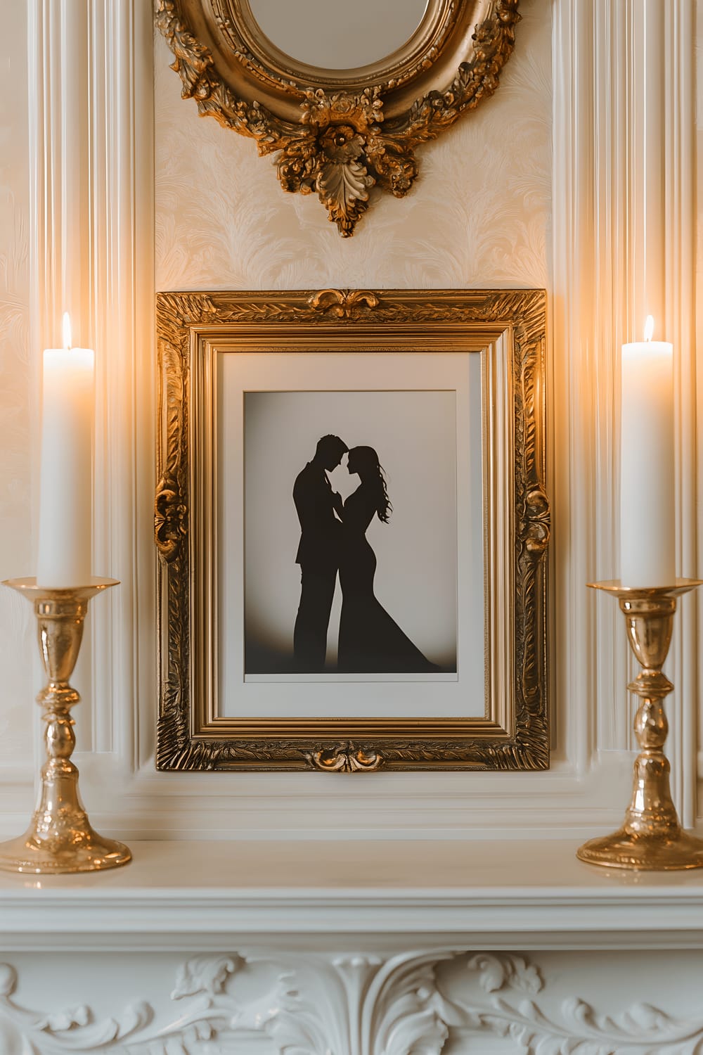 The image features a beautifully decorated mantel in cream color with a large vintage-inspired gold frame holding a black and white silhouette photo of a couple in a loving embrace at the center. Two lit white pillar candles in shiny gold holders sit on each side of the frame, casting a soft, warm glow on the surroundings, emphasizing the romantic atmosphere and intricate details of the ornate frame.