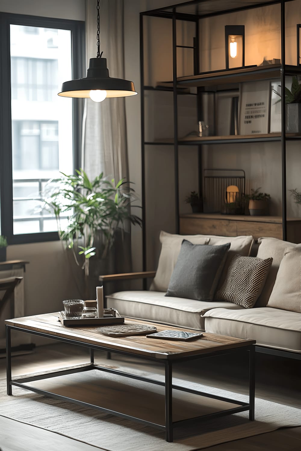 A compact living room furnished in a balanced blend of industrial metal and warm wood. Directly visible are a metal-framed sofa with wooden seating area, a steel coffee table with a wooden top, and metal shelving units. The room is naturally illuminated via daylight from a window and supplemented with the glow from a standing metal lamp.