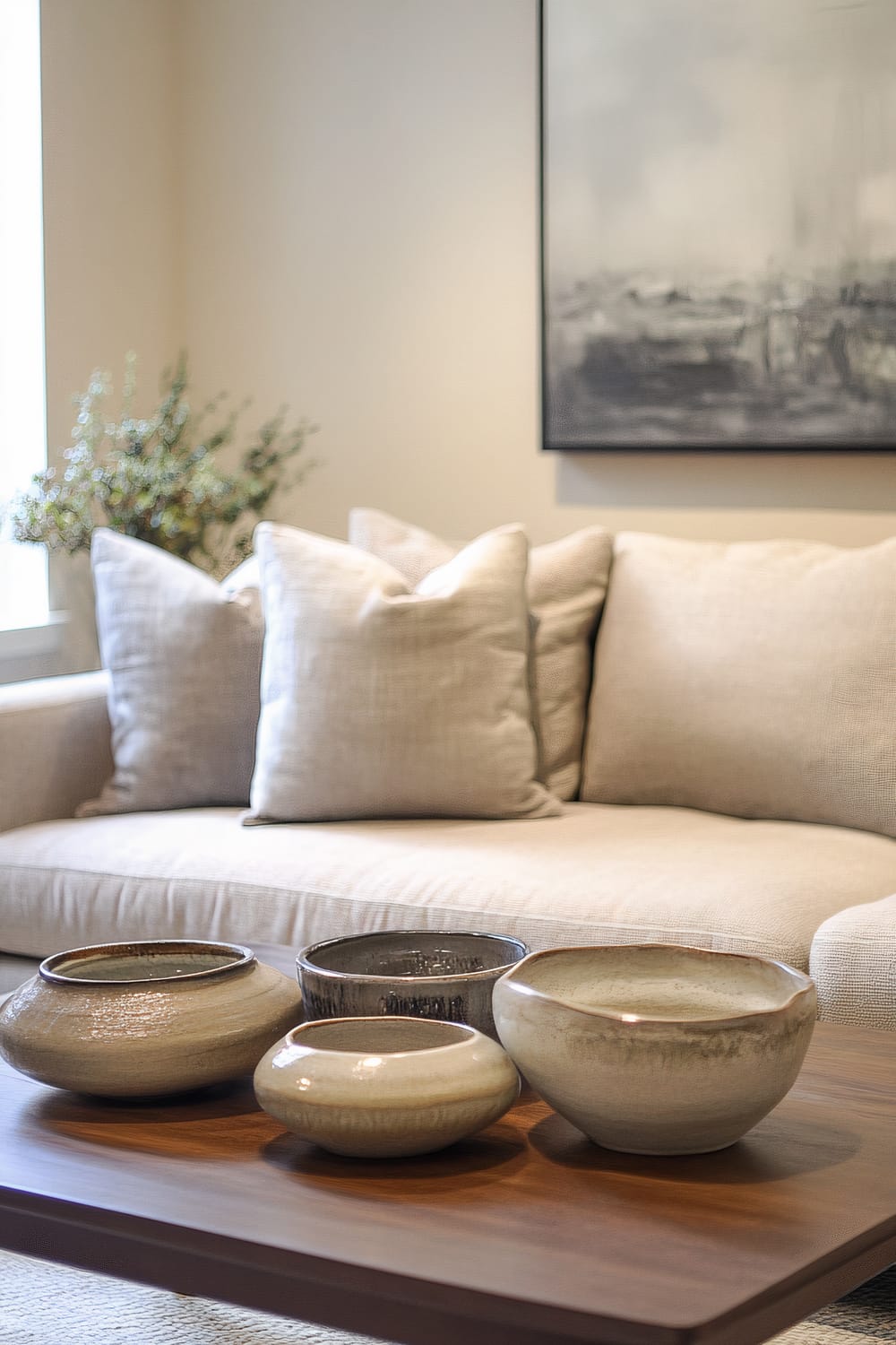 A warm living room scene featuring a neutral-toned sofa with large, soft cushions. On a sleek wooden coffee table in front of the sofa, there are four unique ceramic bowls. In the background, a large abstract artwork hangs on the wall, and a vase with greenery is placed near the window, adding a touch of nature.