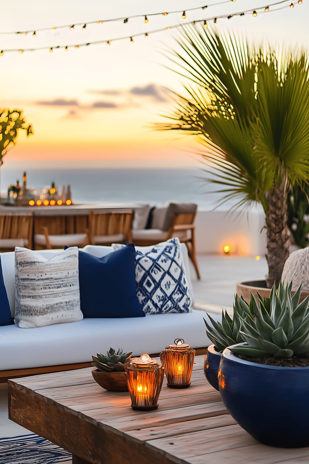 A stylish outdoor patio inspired by Cabo San Lucas featuring modern, minimalistic furniture in shades of white and navy blue. Several large, potted agave plants and smaller, vibrant succulents are scattered around, adding variety and texture. A distinctive wooden tiki bar, adorned with colorful string lights, offers a festive, inviting presence. The patio is powerfully framed by the picturesque sight of an ocean backdrop awash with the golden hues of a setting sun.