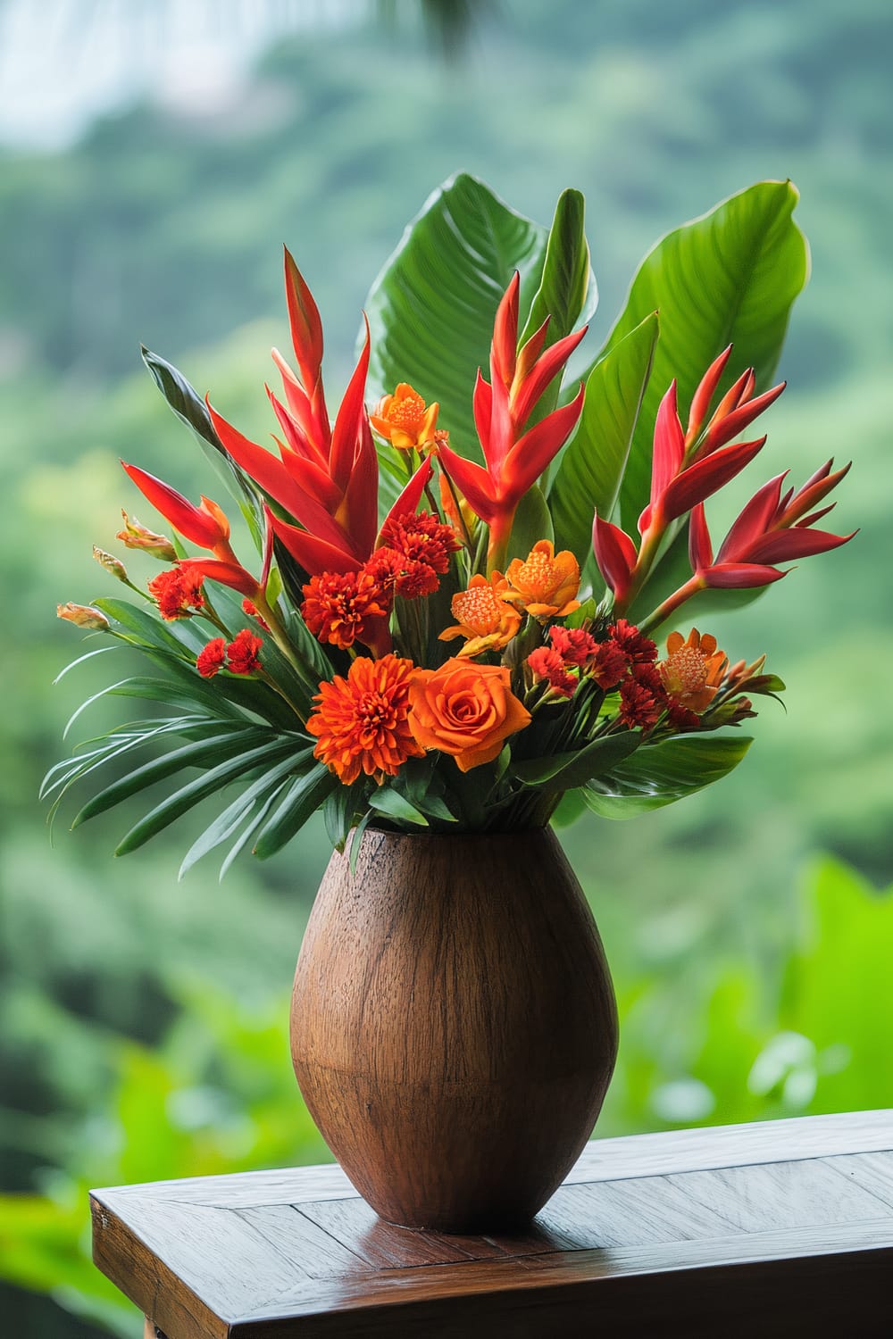 A wooden vase with a vibrant floral arrangement is placed on a wooden table. The arrangement contains red and orange flowers, including Bird of Paradise and various other blossoms, with green leaves as accents. The background shows a lush, blurred green landscape, suggesting an outdoor setting.