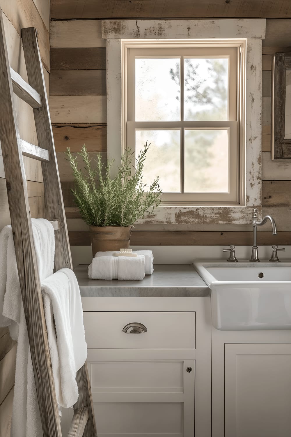 A traditional farmhouse bathroom featuring reclaimed wood walls and distressed white cabinetry. A vintage-style metal sink sits below a large barn-style window that illuminates the room with natural light. Accessories include a wooden ladder holding fluffy white towels, a porcelain sink basin, and a mirror. The color scheme consists of soft beige and muted green tones.