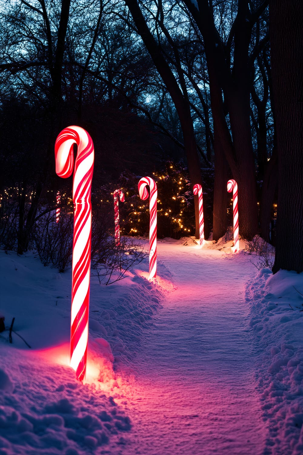 A snowy pathway illuminated by large, glowing candy cane decorations. The path is lined with multiple luminous candy canes, casting a warm red and white light onto the snow. Surrounding trees and bushes are faintly visible in the dim background, adorned with subtle strings of lights, creating a festive, enchanting atmosphere.