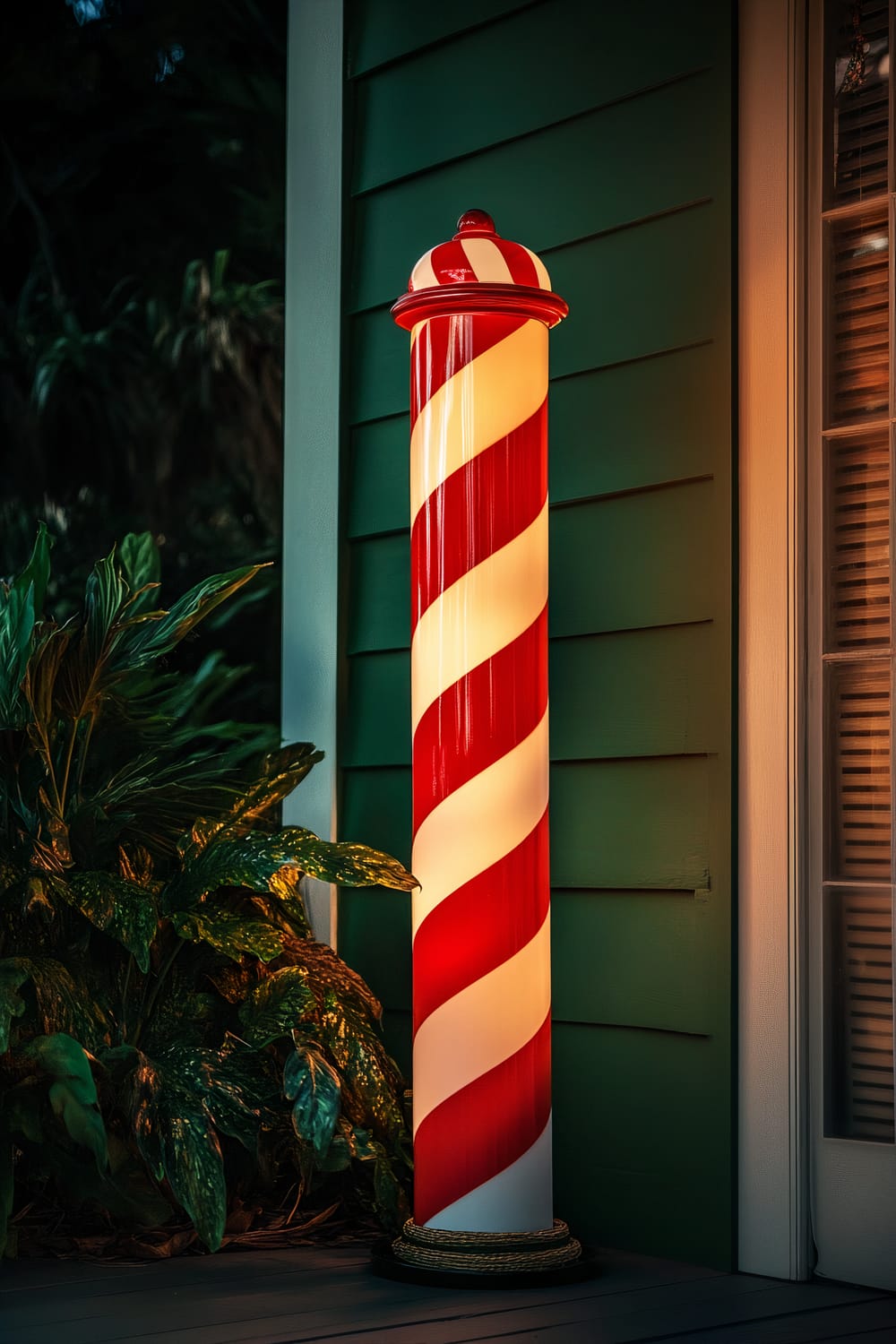 A large, brightly colored candy cane pillar light with red and white stripes stands against a deep green porch backdrop. The dramatic lighting highlights its bold patterns and creates vibrant reflections. There are green plants beside the pillar light, adding a touch of nature to the scene.