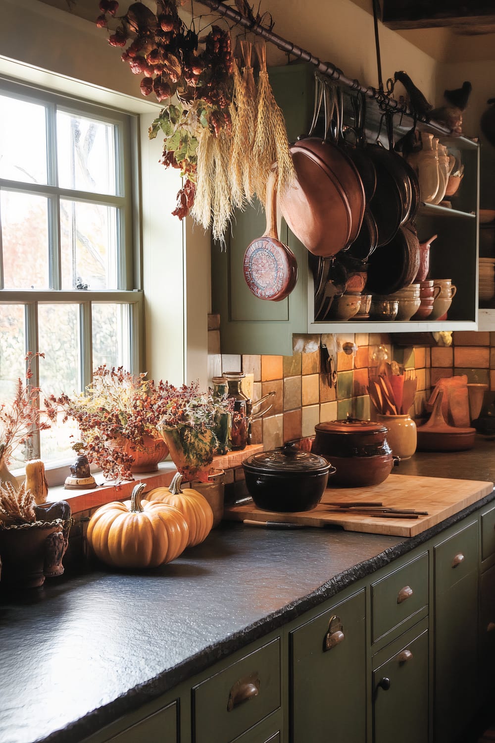 A rustic kitchen countertop with green cabinetry. Complemented by multicolored tile backsplash, it is decorated with two small pumpkins, dried herbs, and potted plants. There are pots and cooking utensils organized on a hanging rack above the counter and on the shelves. A cutting board with knives rests nearby. Natural light streams in through a window, creating a warm and inviting atmosphere.