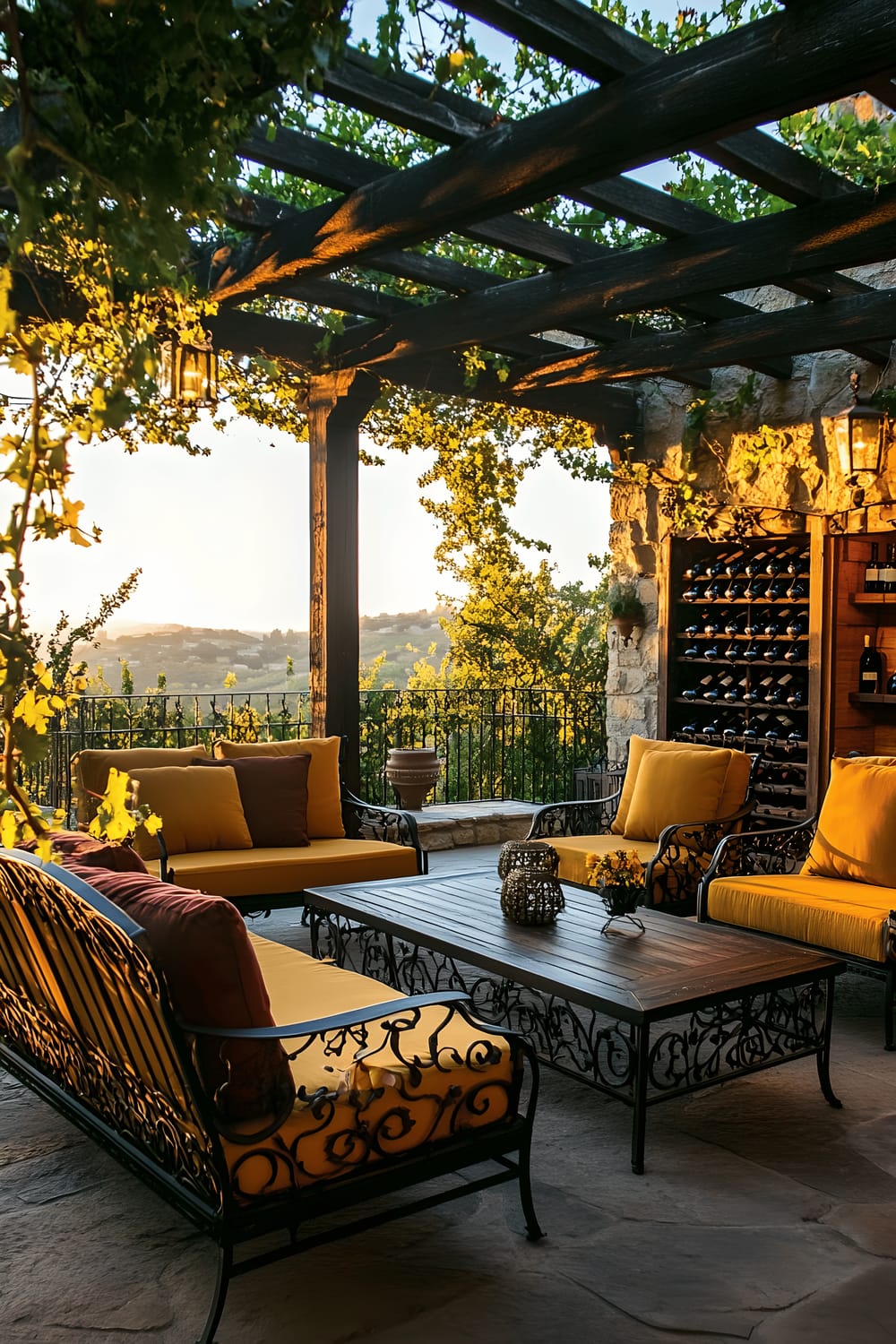 A rustic Tuscan-inspired patio under the golden-hour sky. The patio has a wrought iron dining set with deep burgundy and mustard yellow cushions. The area features a large wooden wine rack displaying various wines, and lush grapevines cover the stone pergola. The warm lighting casts a beautiful glow over the entire space, enhancing the vineyard-like ambiance.