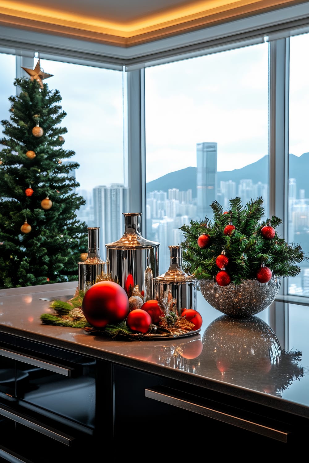 A luxurious high-rise kitchen in Hong Kong with elegant Christmas decorations, featuring dark cabinetry, high-gloss countertops, and floor-to-ceiling windows offering panoramic city views. The central island is adorned with a sophisticated holiday centerpiece, including silver and red ornaments, mirrored candle holders, and modern greenery. A Christmas tree with ornaments is visible in the background.