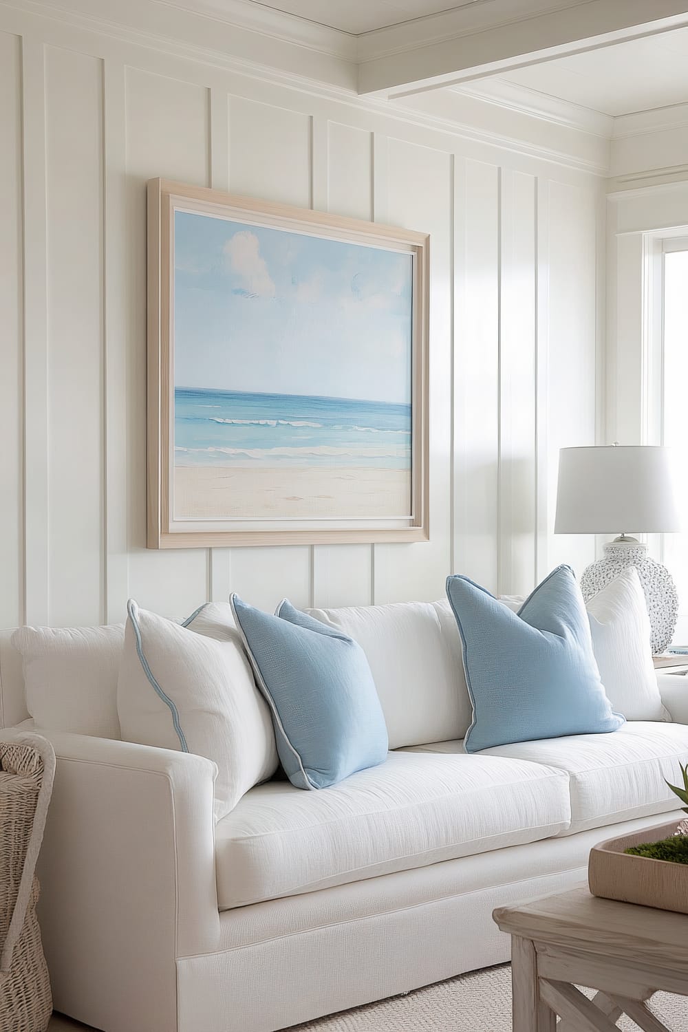 An elegant living room featuring a white sofa adorned with blue and white throw pillows. Above the sofa hangs a framed painting of a serene beach scene. To the right of the sofa, there is a window allowing natural light into the room and a white textured table lamp. The walls are paneled in white wood, contributing to a bright, airy aesthetic.