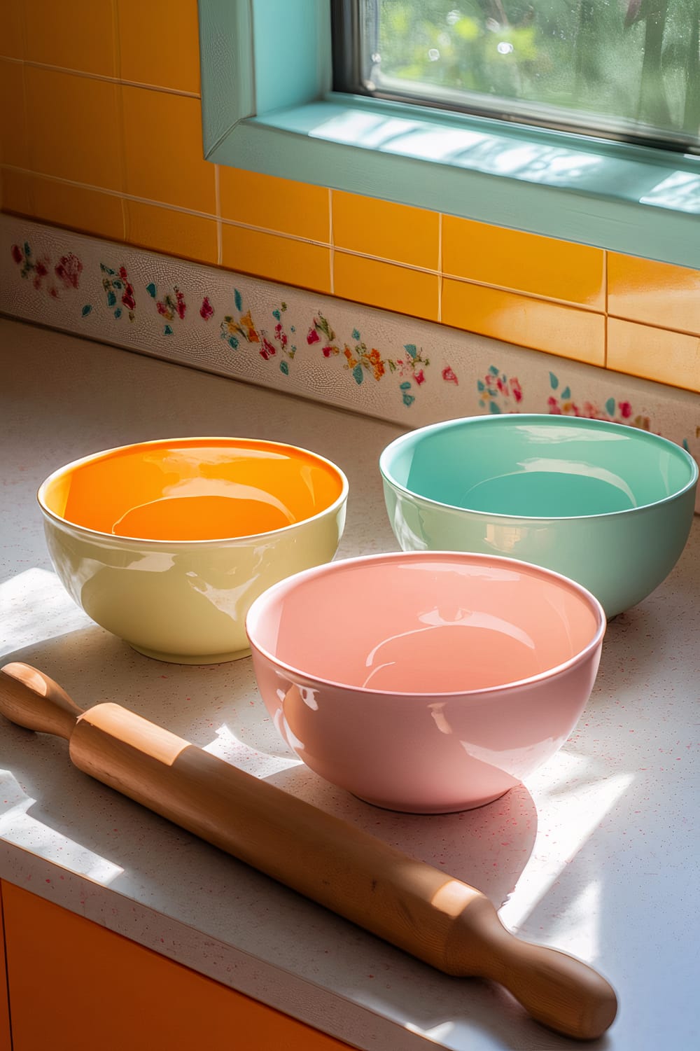 Mid-angle shot of a retro kitchen countertop with three vintage mixing bowls in pastel colors (orange, pink, and teal), a wooden rolling pin, and two measuring spoons, brightly lit by natural light. The background features yellow tiles with a floral accent strip and a view of a window partially visible.