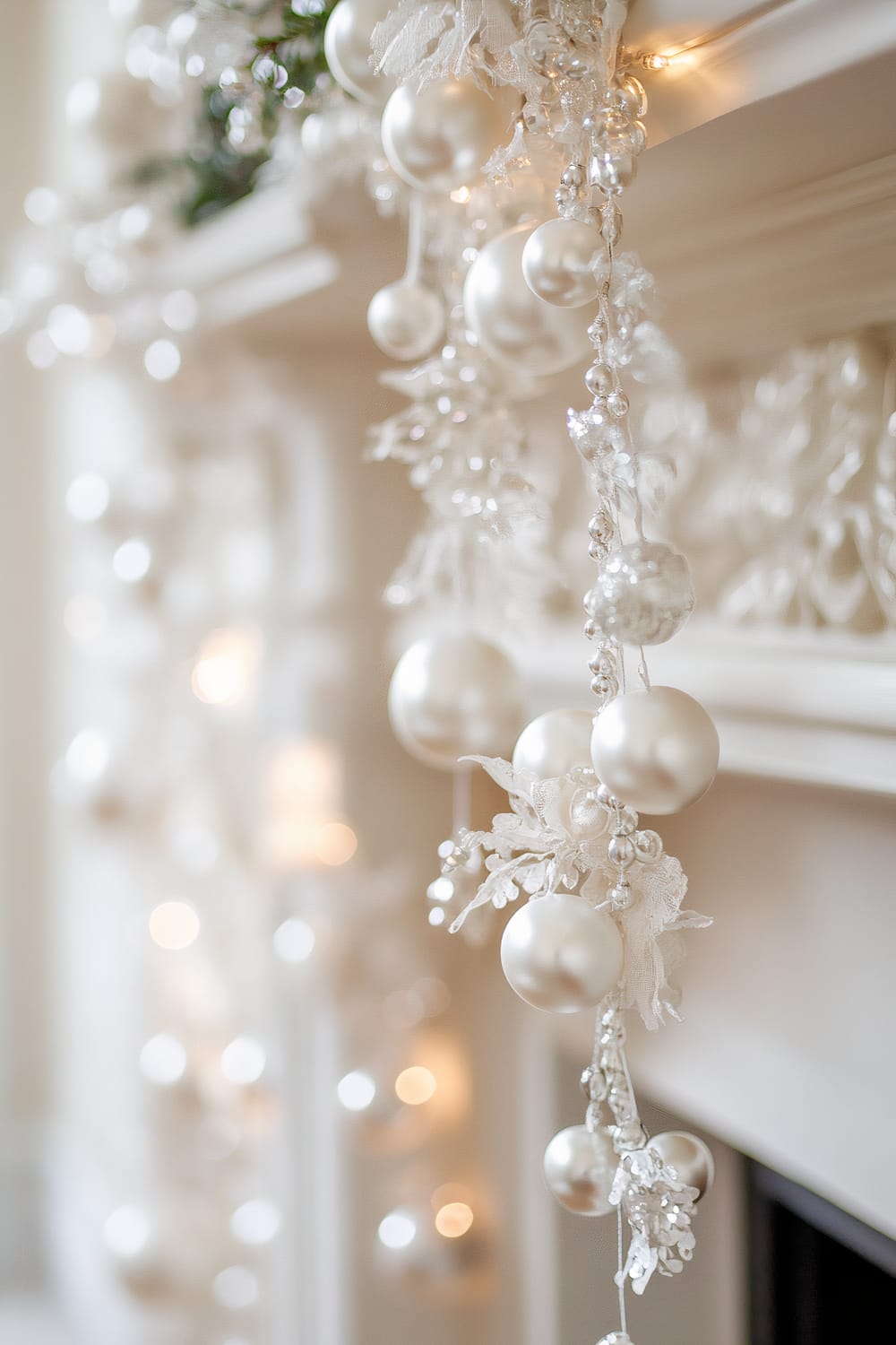 A close-up of an elegant white silk garland interspersed with pearlescent beads and delicate ornaments hangs on a fireplace mantel. The garland is softly illuminated, emphasizing its shimmer. The background is decorated in a subtle and graceful style with white elements, contributing to a sophisticated and serene ambiance.