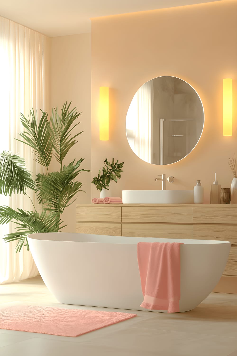 An elegant bathroom featuring a white freestanding bathtub with soft pastel pink towels draped over one side. Adjoining the tub is a pastel mint vanity with a sleek white sink and light wood cabinetry. Above the vanity, a large mirror is framed in pastel coral, reflecting the minimalist style of the room. Soft ambient light from pastel yellow wall sconces casts a warm glow on the vanilla cream walls. A single pastel aqua plant on one of the wooden shelves adds a subtle touch of freshness to the space.