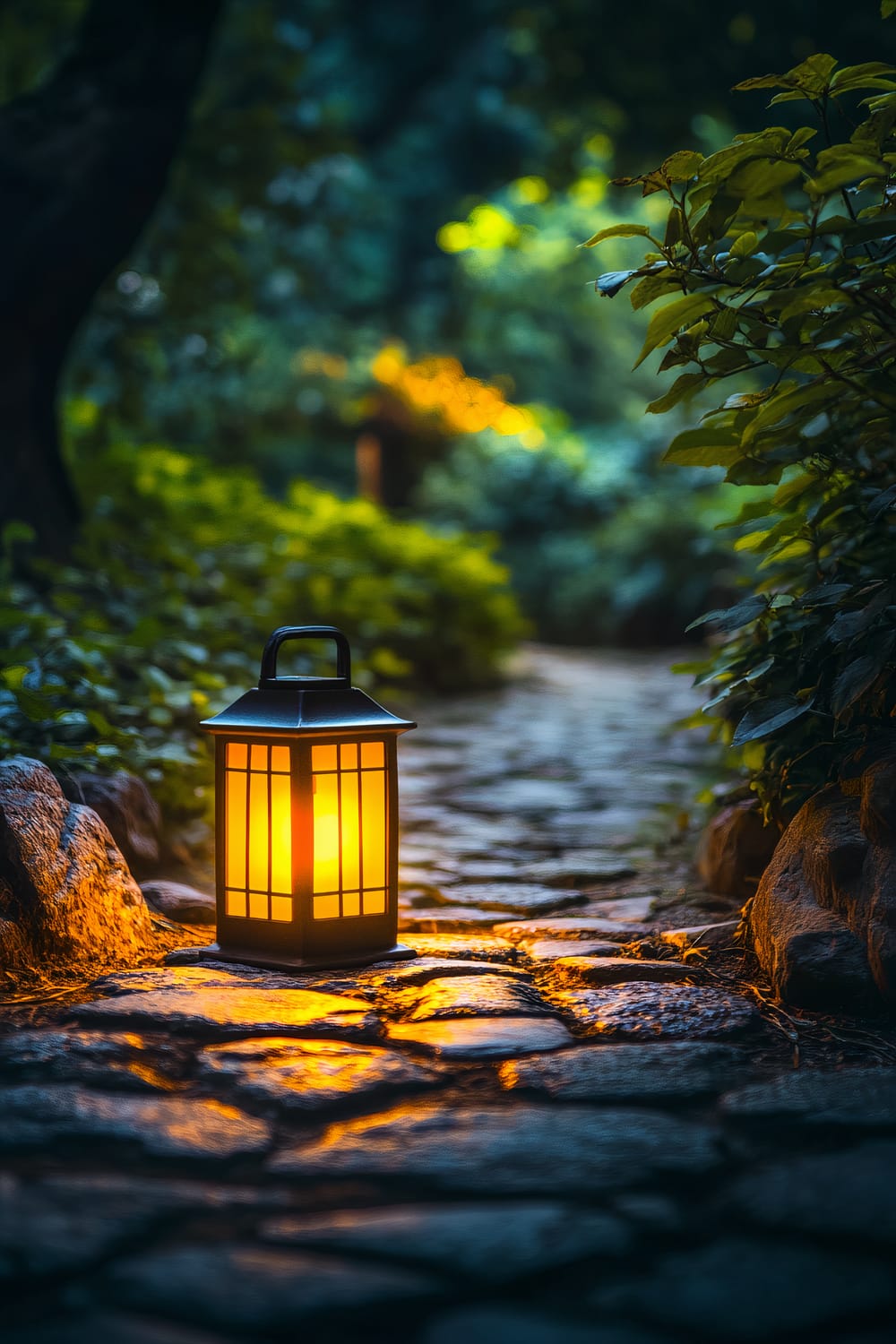 An outdoor path made of cobblestone leads through a forested area with dense green foliage on both sides. Along the path sits a black, metal lantern with a glowing, warm, yellow light emanating from it, providing a soft illumination to the path and surrounding plants.