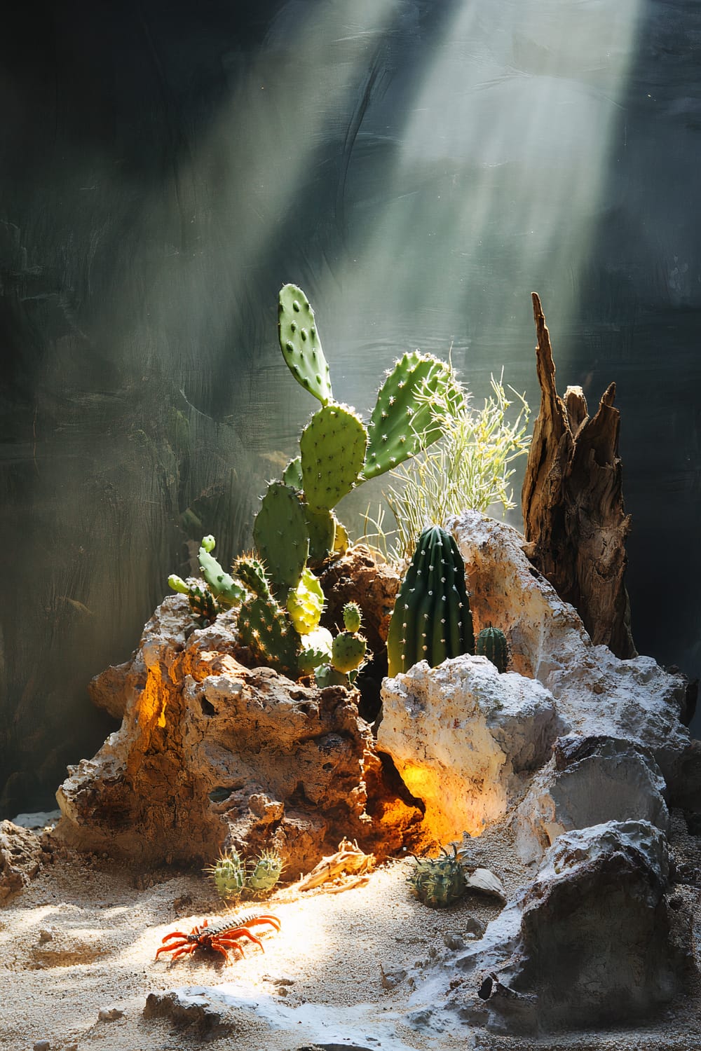 A desert terrarium with a light beam illuminating a variety of cacti, driftwood, and sand. A small artificial red scorpion is positioned near some rocks in the terrarium.