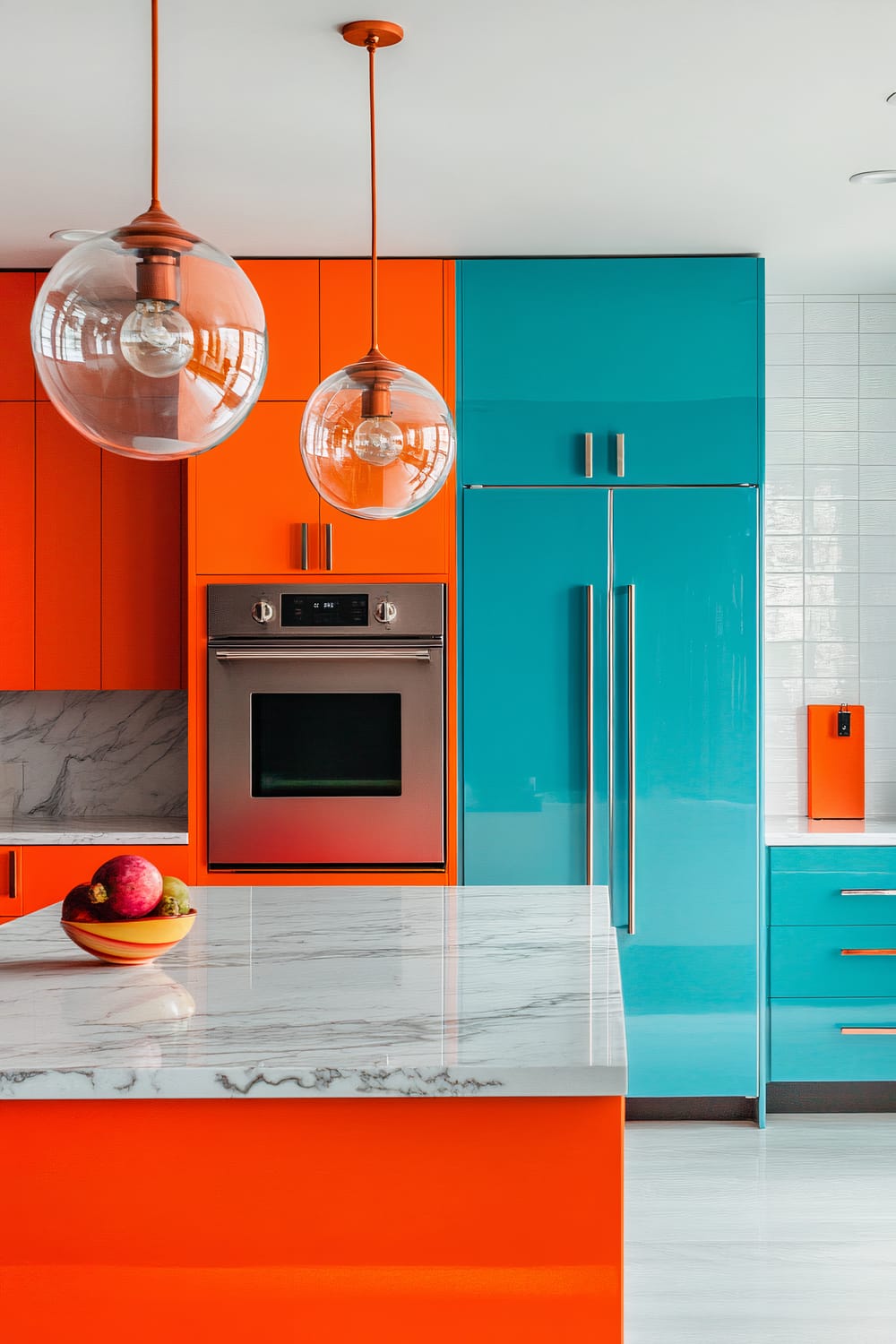 This is a modern kitchen featuring vibrant orange and teal cabinetry. Above a white marble countertop with grey veining, two round pendant lights with clear glass shades and orange fixtures hang from the ceiling. The cabinetry is divided between orange and teal sections, with stainless steel handles. A built-in oven is visible within the orange cabinetry, and a large teal refrigerator with double doors is visible adjacent to it. On the countertop, a bowl containing various fruits is present. The backsplash is composed of white, glossy subway tiles.