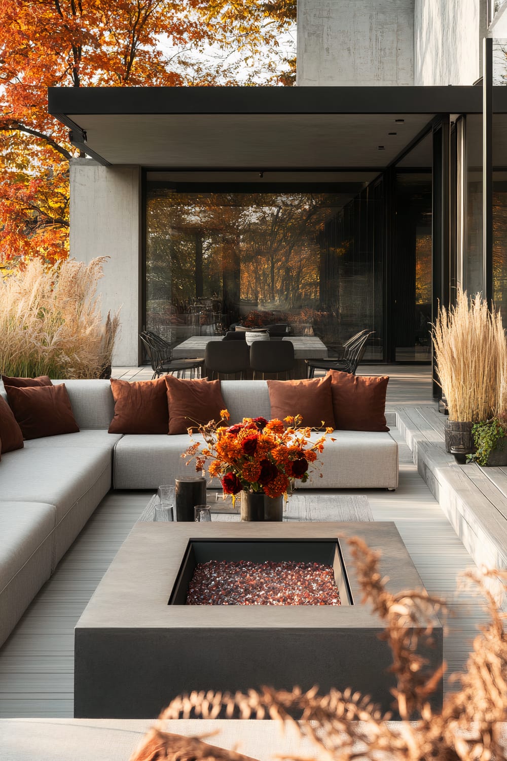 An inviting outdoor patio features a sleek, modern design with a large U-shaped gray sectional adorned with rich brown pillows. At the center of the seating area is a contemporary fire pit filled with decorative stones. A striking bouquet of red and orange flowers sits atop the fire pit, adding a touch of color. The patio is enclosed by glass doors, leading to a dining area inside. Tall ornamental grasses and autumnal trees with vibrant orange and red foliage surround the patio, enhancing the cozy ambiance.